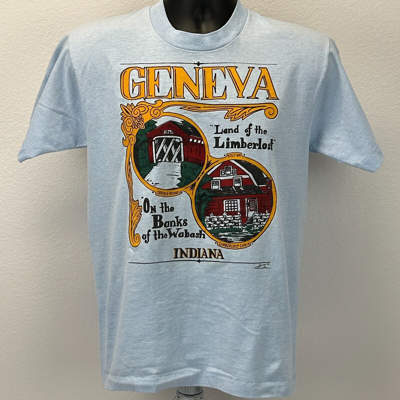 Fruit Of The Loom Vintage 90s Geneva Indiana T Shirt Limberlost Wabash Blue S Size US S / EU 44-46 / 1 - 2 Thumbnail