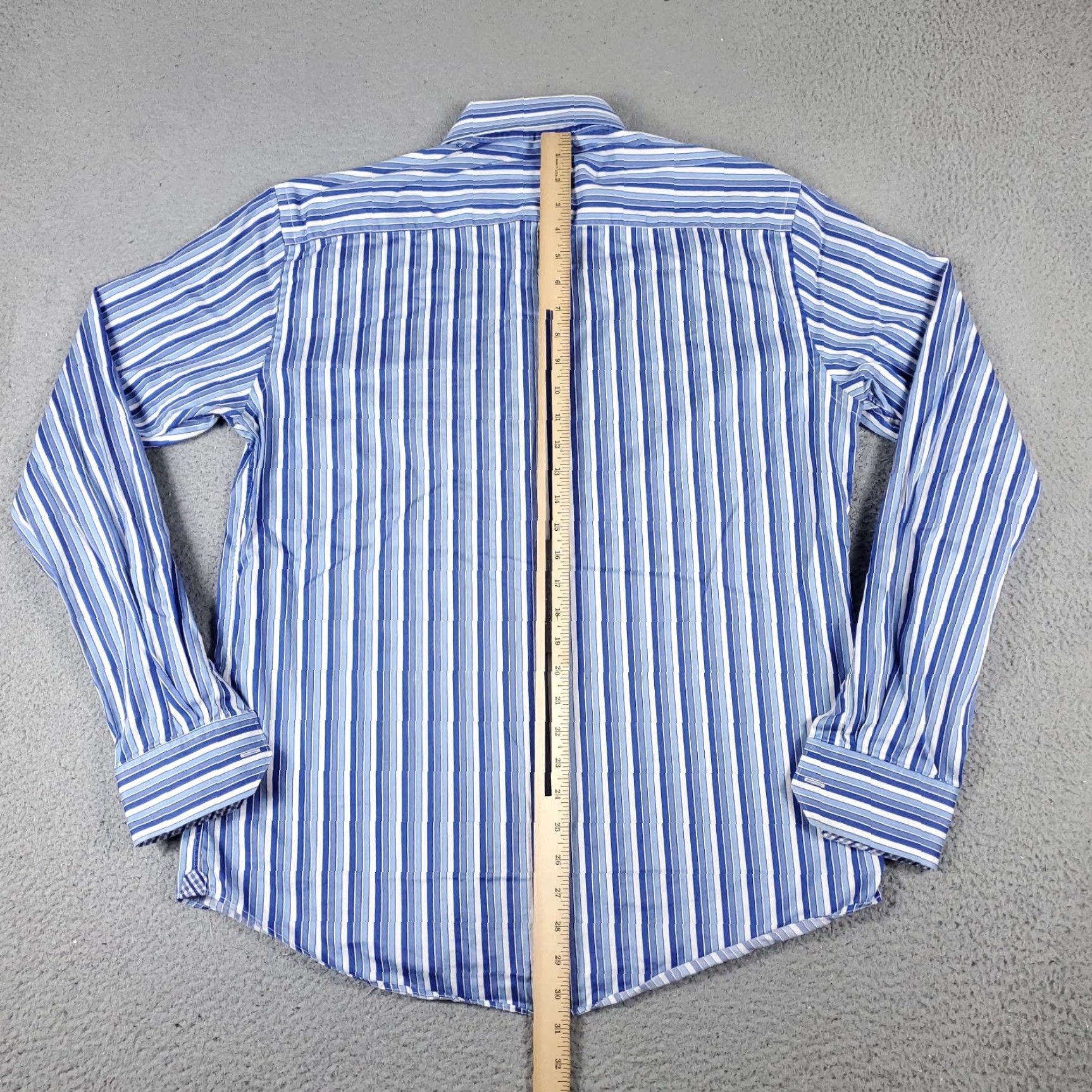 BUGATCHI Bugatchi Uomo Blue Striped Dress Shirt 16.5 Long Sleeve Mens Regular Fit Size 42R - 4 Thumbnail
