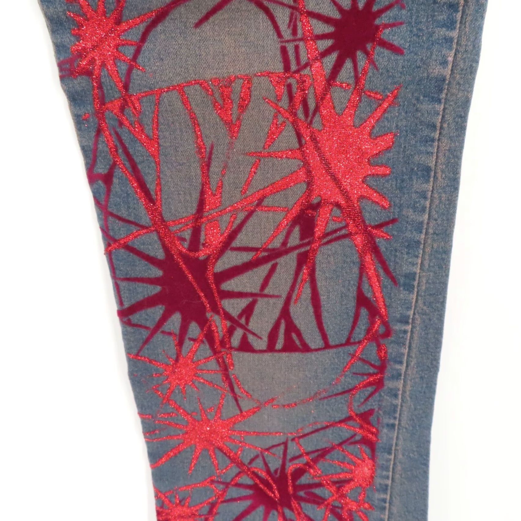 Velvet VINTAGE Amazing Jeans Jeans Womens 14 Red Glitter Velvet Splash Denim Pants 2000s NEW Size 36" / US 14 / IT 50 - 4 Thumbnail