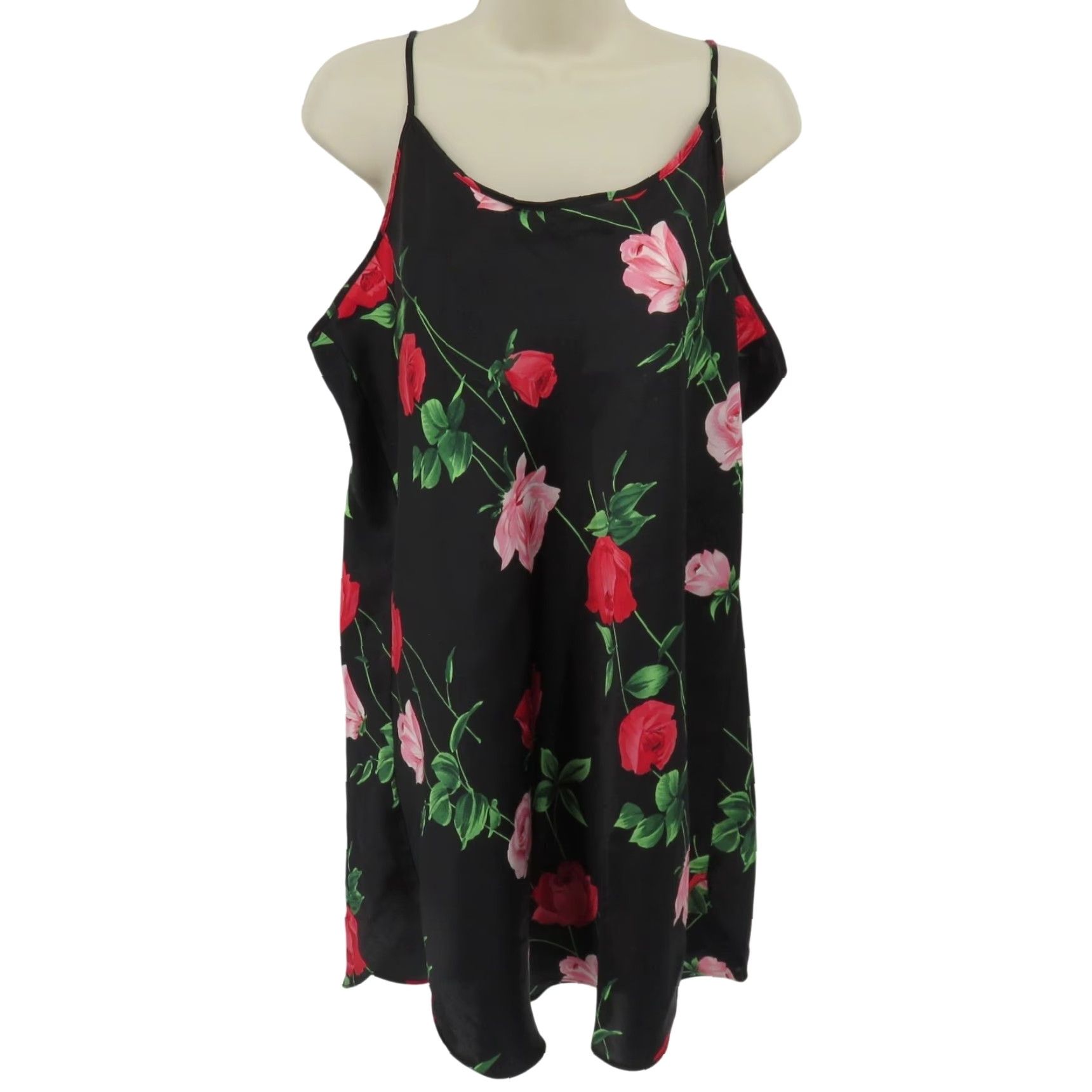 Vintage Secret Treasures Women Plus Size 1XL Rose Flower Floral Nightgown Sleep Dress Sleeveless Pullover Satin Polyester Black Cap Size XL / US 12-14 / IT 48-50 - 2 Thumbnail