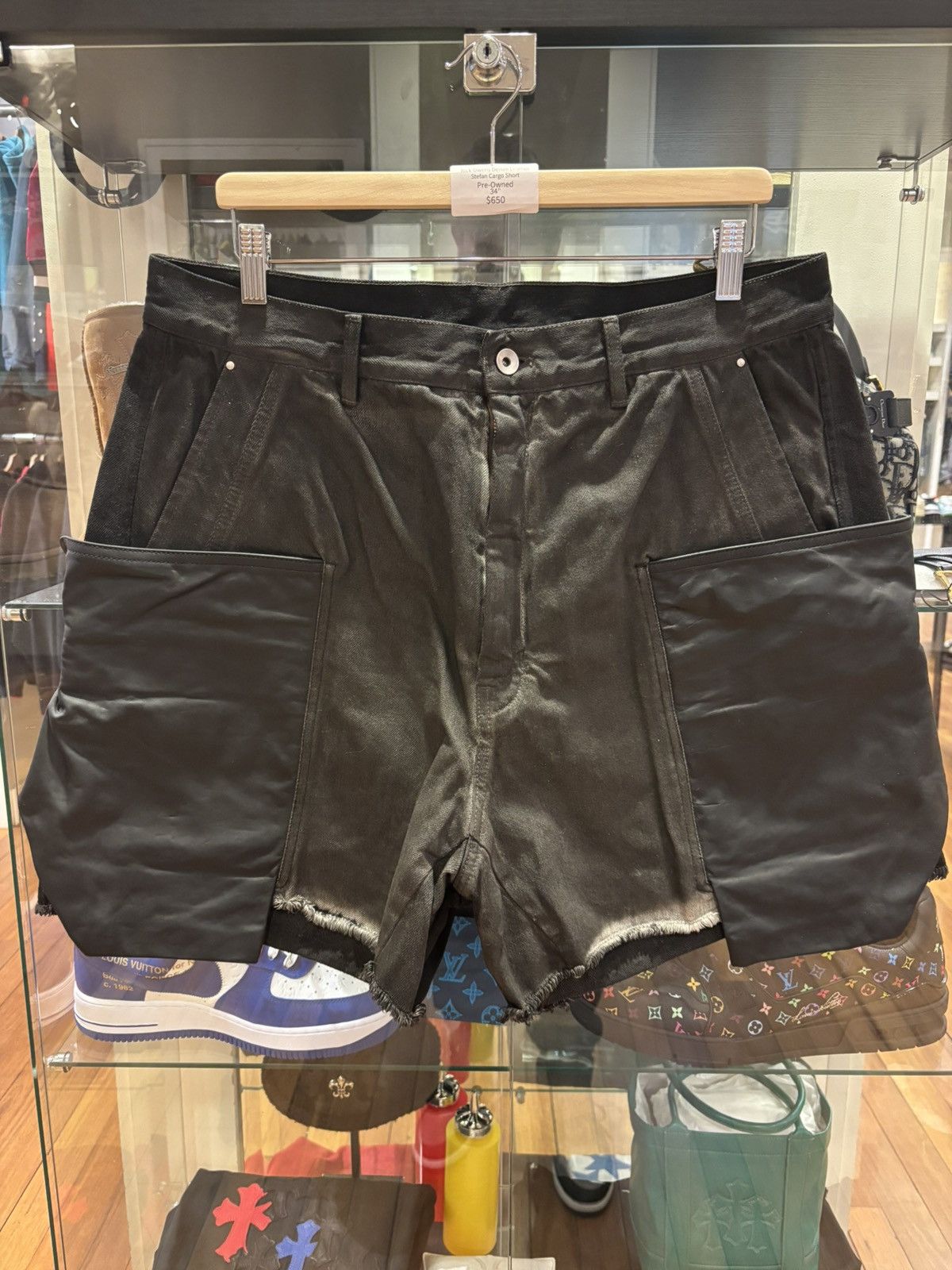 Rick Owens Stefan Denim Leather Cargo Shorts