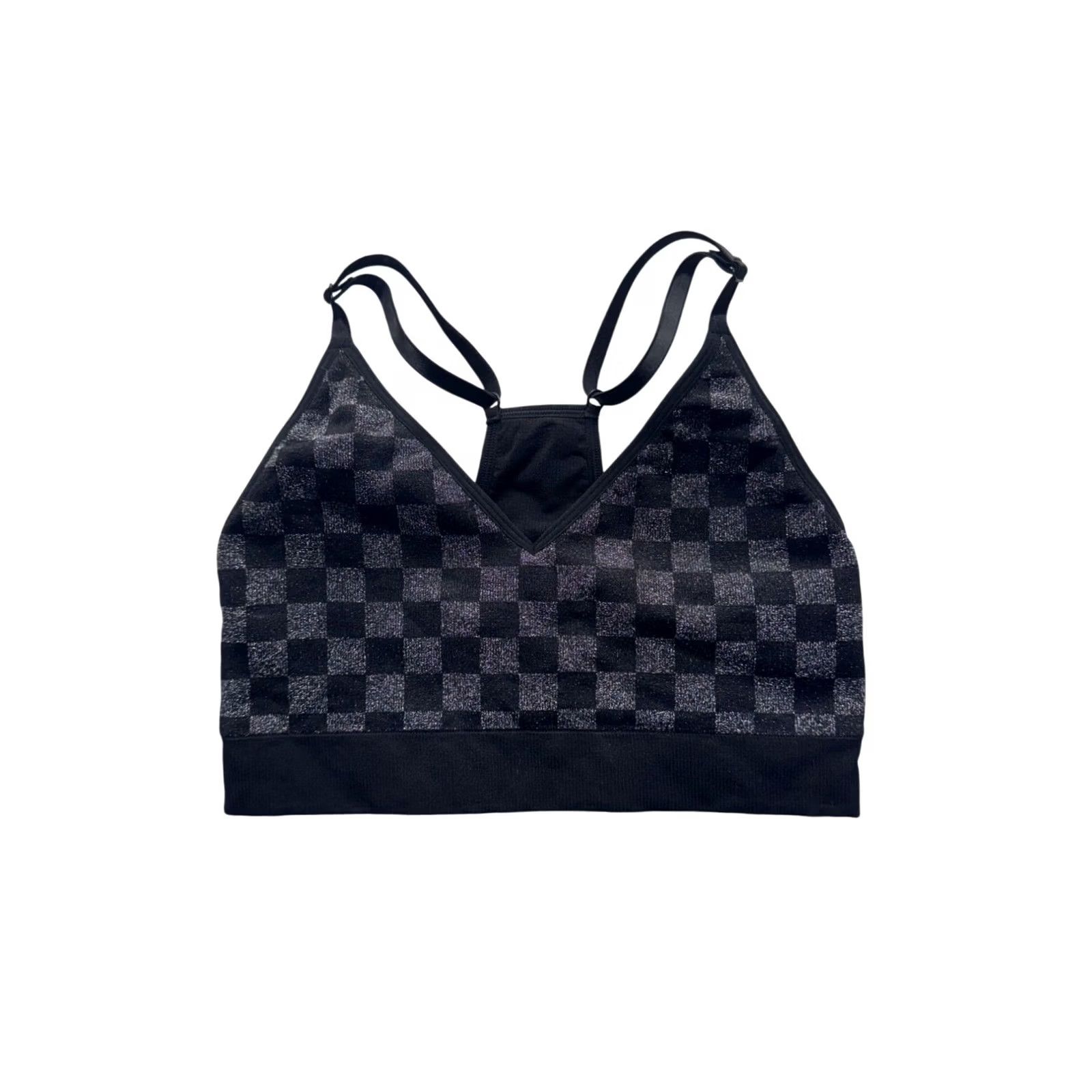 Pinko Pink Active Seamless Checkered Sports Bra M #9054 Womens Bra Medium Support, Adjustable Straps, Nylon, Black, Activewear Size ONE SIZE - 2 Thumbnail