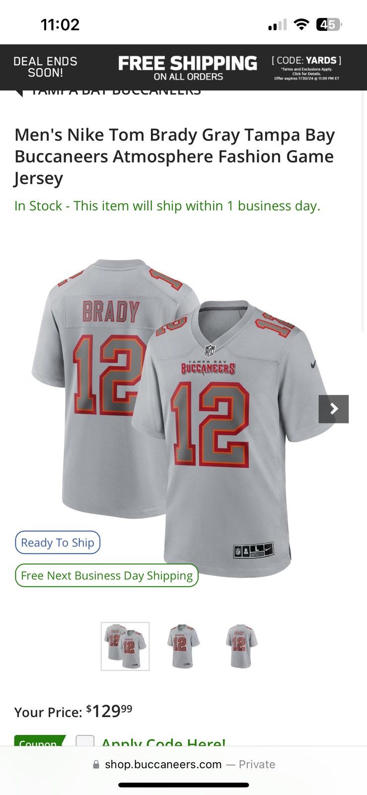 Nike Tom Brady Tampa Bay Buccaneers NFL Atmosphere Jersey Size US XXL / EU 58 / 5 - 7 Thumbnail