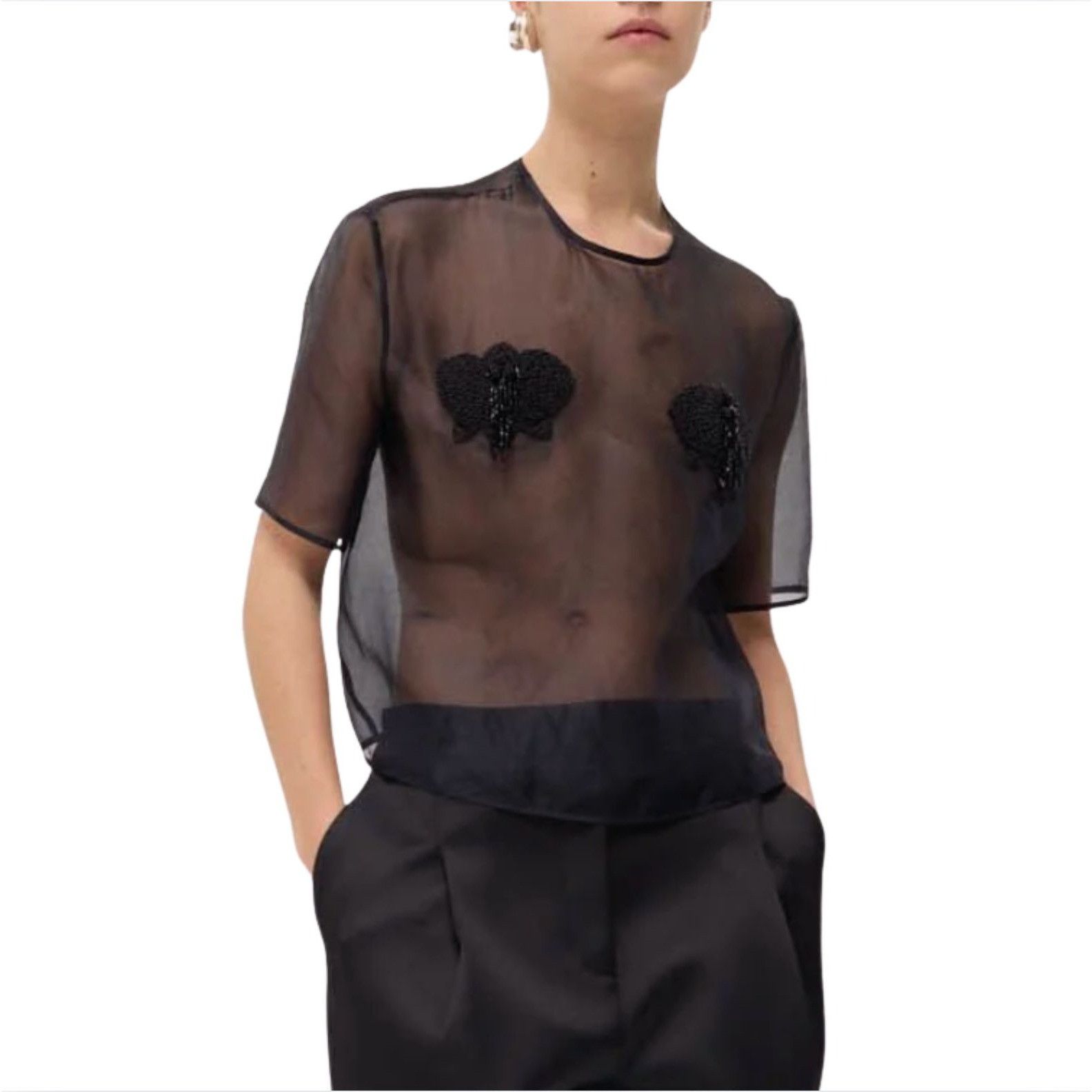 Other Harris Tapper Ophelia Tee Black Organza Beaded Top NWT $417 Size XS / US 0-2 / IT 36-38 - 1 Thumbnail