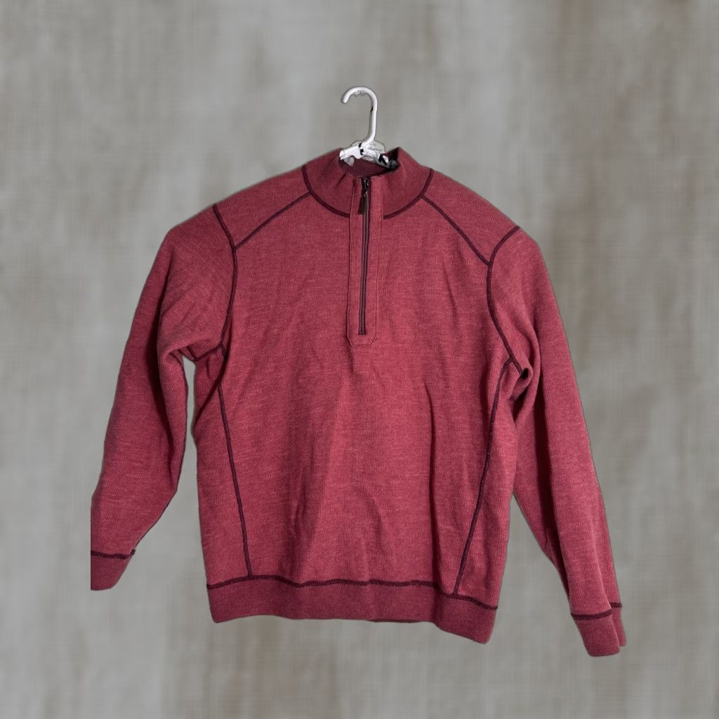 Tommy Bahama Tommy Bahama Sweater Men L Red Reversible Logo Mock Neck 1/4 Zip Pullover, Knit Cotton, Preppy, Casual, Logo Accents, Size L Size US L / EU 52-54 / 3 - 1 Thumbnail