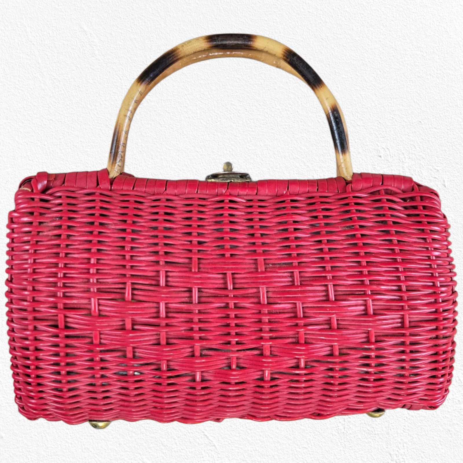 Vintage 1950S Red Wicker Box Purse Mod Style Bamboo Handle, Women's
