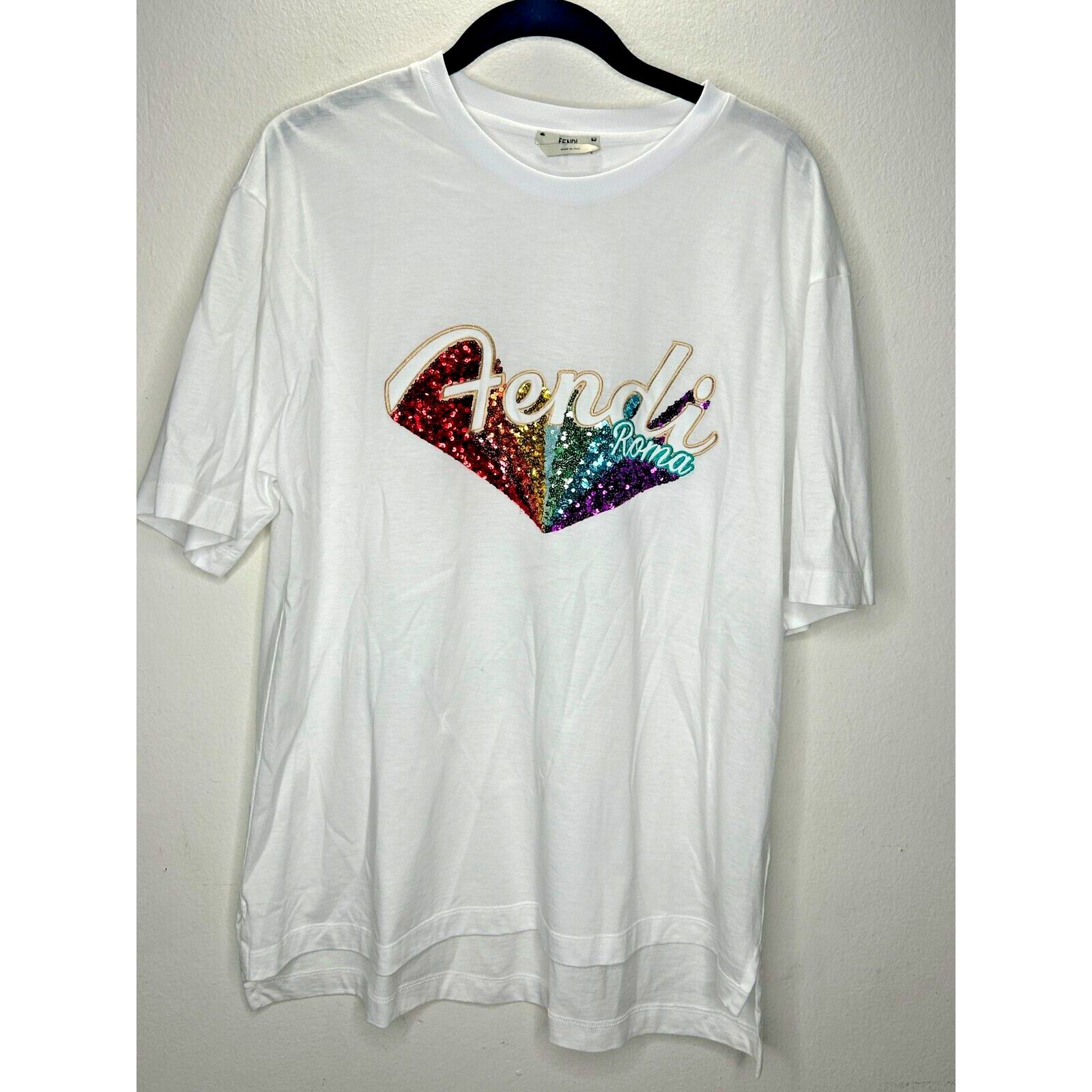 Fendi Fendi White Short Sleeve Rainbow Sequined Fendi Roma Tee L Size L / US 10 / IT 46 - 2 Thumbnail