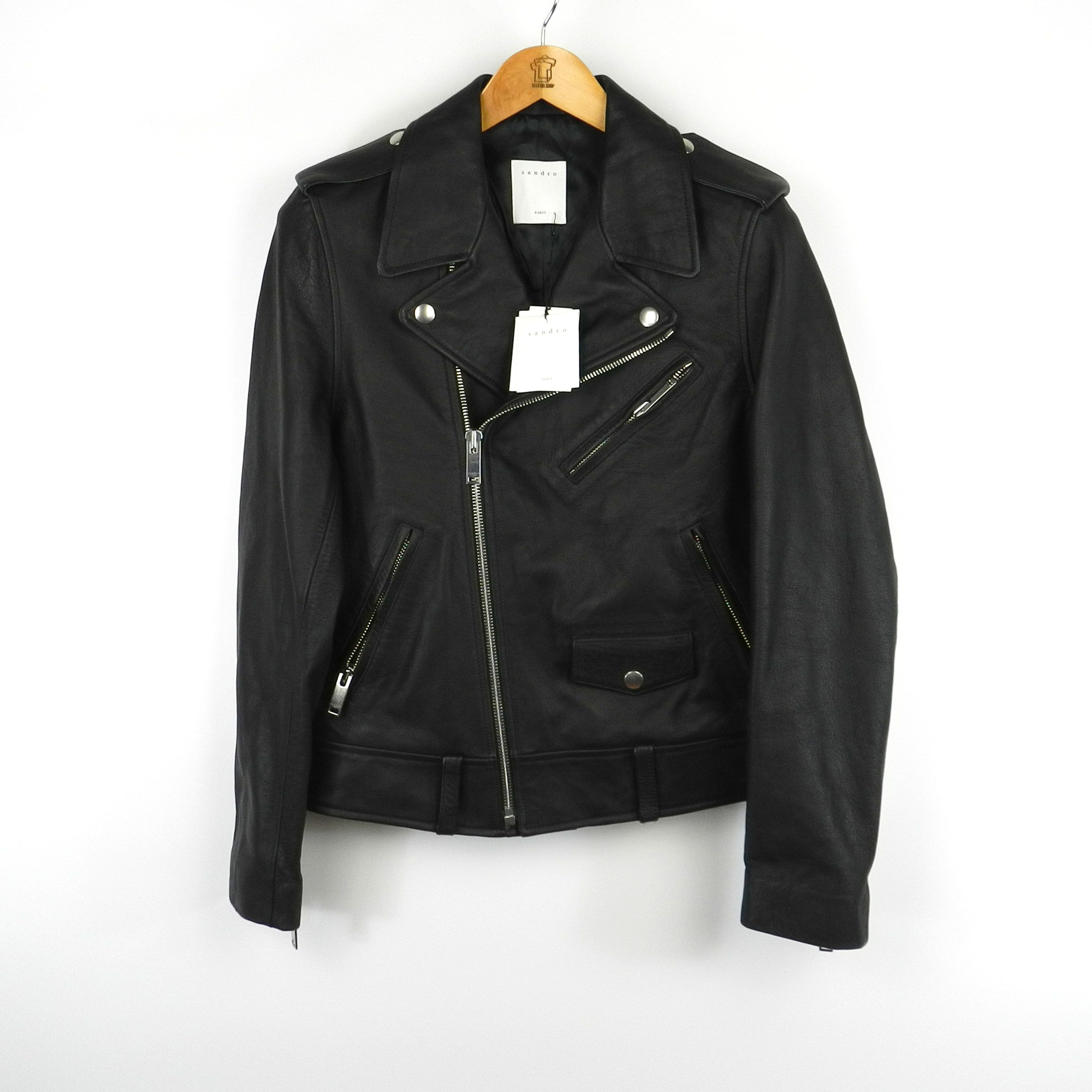 image of Sandro Paris Leather Jacket Cow Leather in Black, Men's (Size Small)