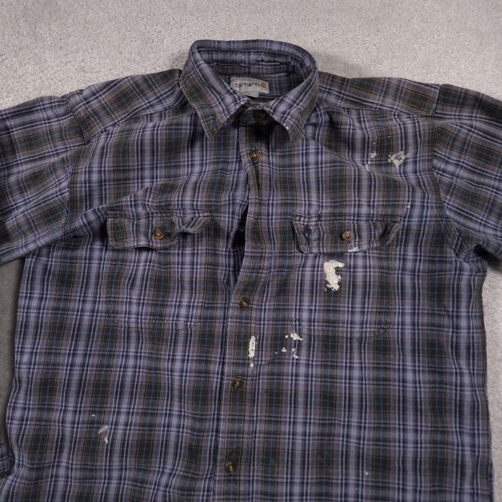 Carhartt VINTAGE Carhartt Shirt Mens Large Blue Gray Plaid Flannel Workwear Distressed Paint Size US L / EU 52-54 / 3 - 3 Thumbnail