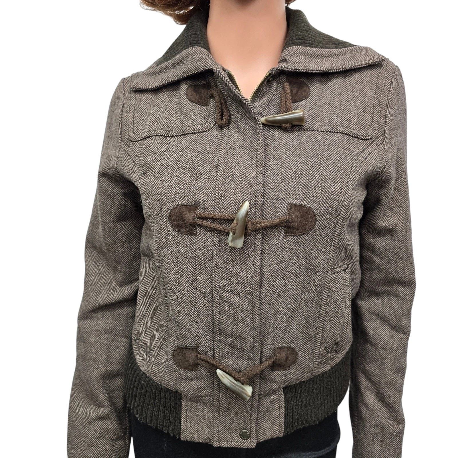 American Eagle Outfitters American Eagle Bomber Jacket Zip Toggle Herringbone Wool ble Size S / US 4 / IT 40 - 3 Thumbnail