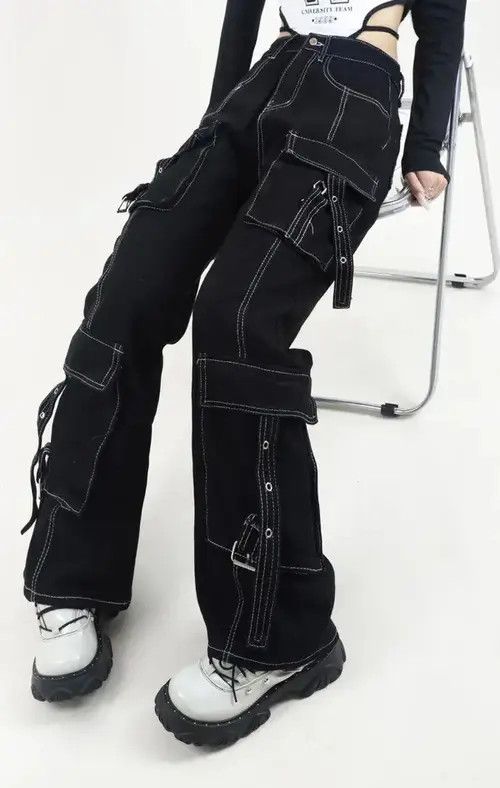 Designer Unisex Cargo Patchwork Baggy Jeans Size US 29 - 4 Thumbnail