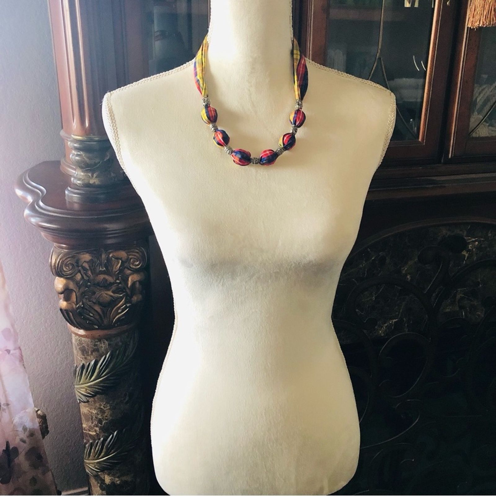 Handmade Country Girl red yellow & blue plaid fabric bead necklace Size ONE SIZE - 5 Thumbnail