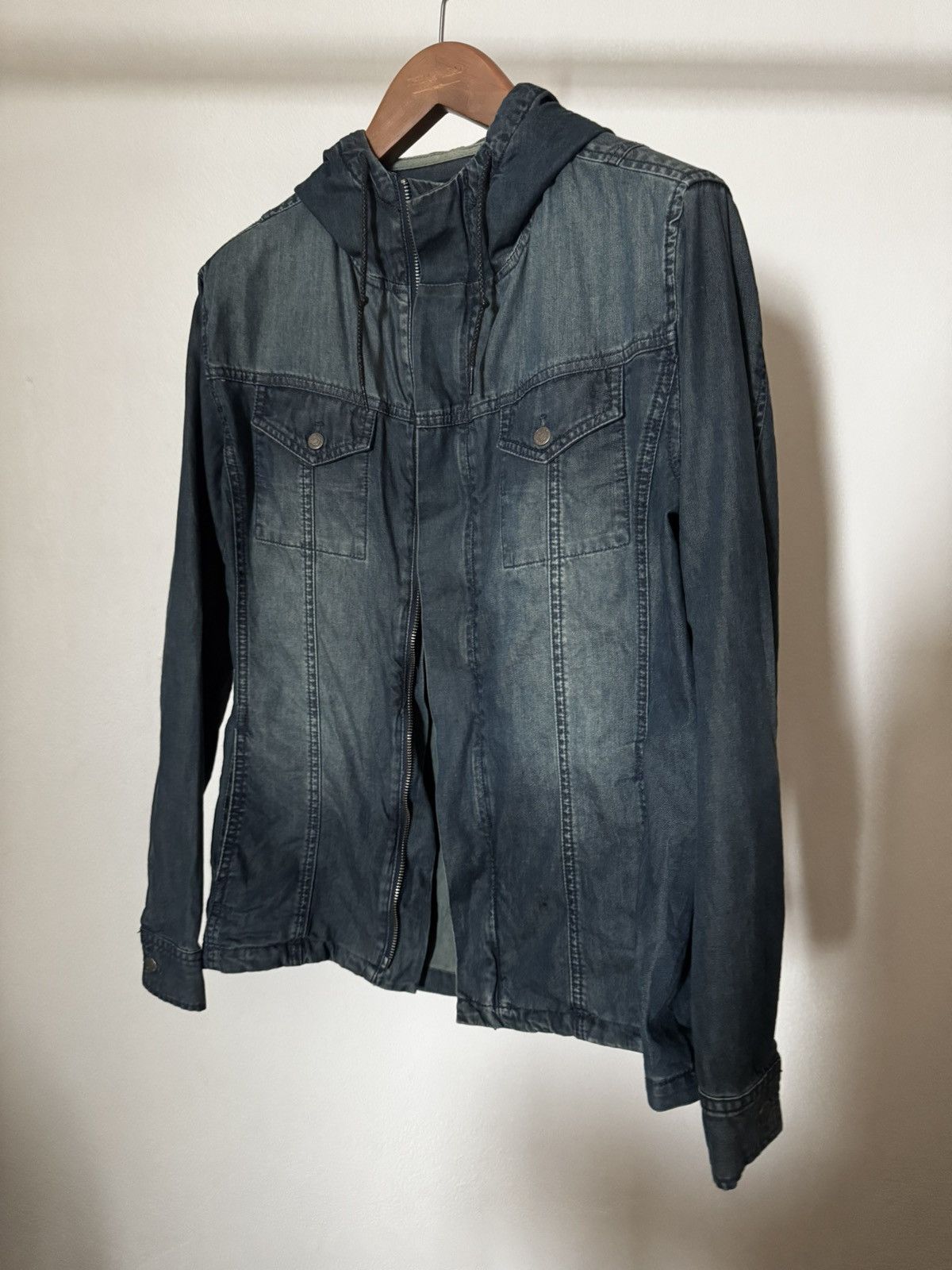 Two way zip denim hoodie jacket, view 5