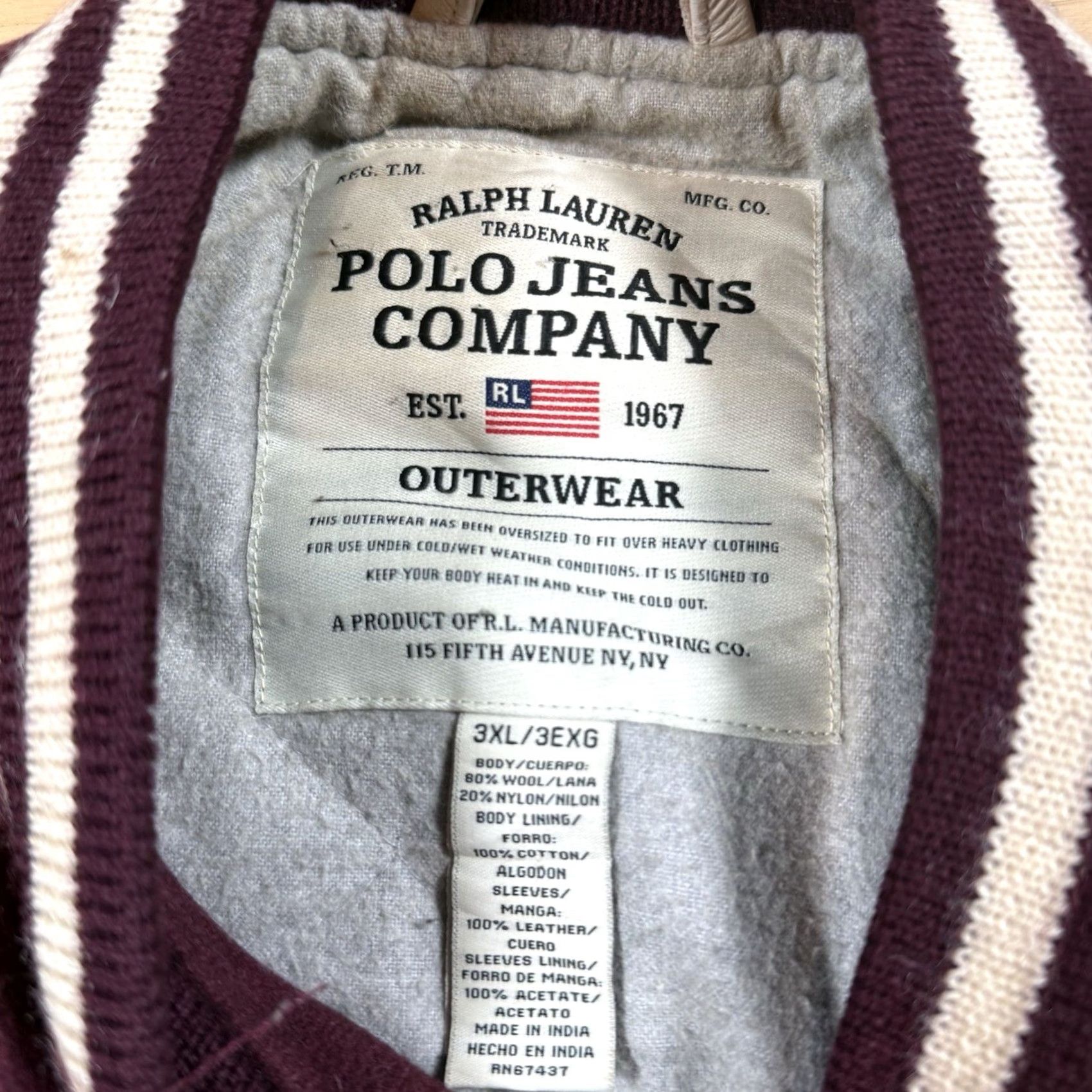 Champion VINTAGE Polo Ralph Lauren Leather Varsity Jacket Mens 3XL Burgundy Red 1967 Jeans Style Varsity 1960s 3XL Mens Leather Jacket Size US XXL / EU 58 / 5 - 6 Thumbnail