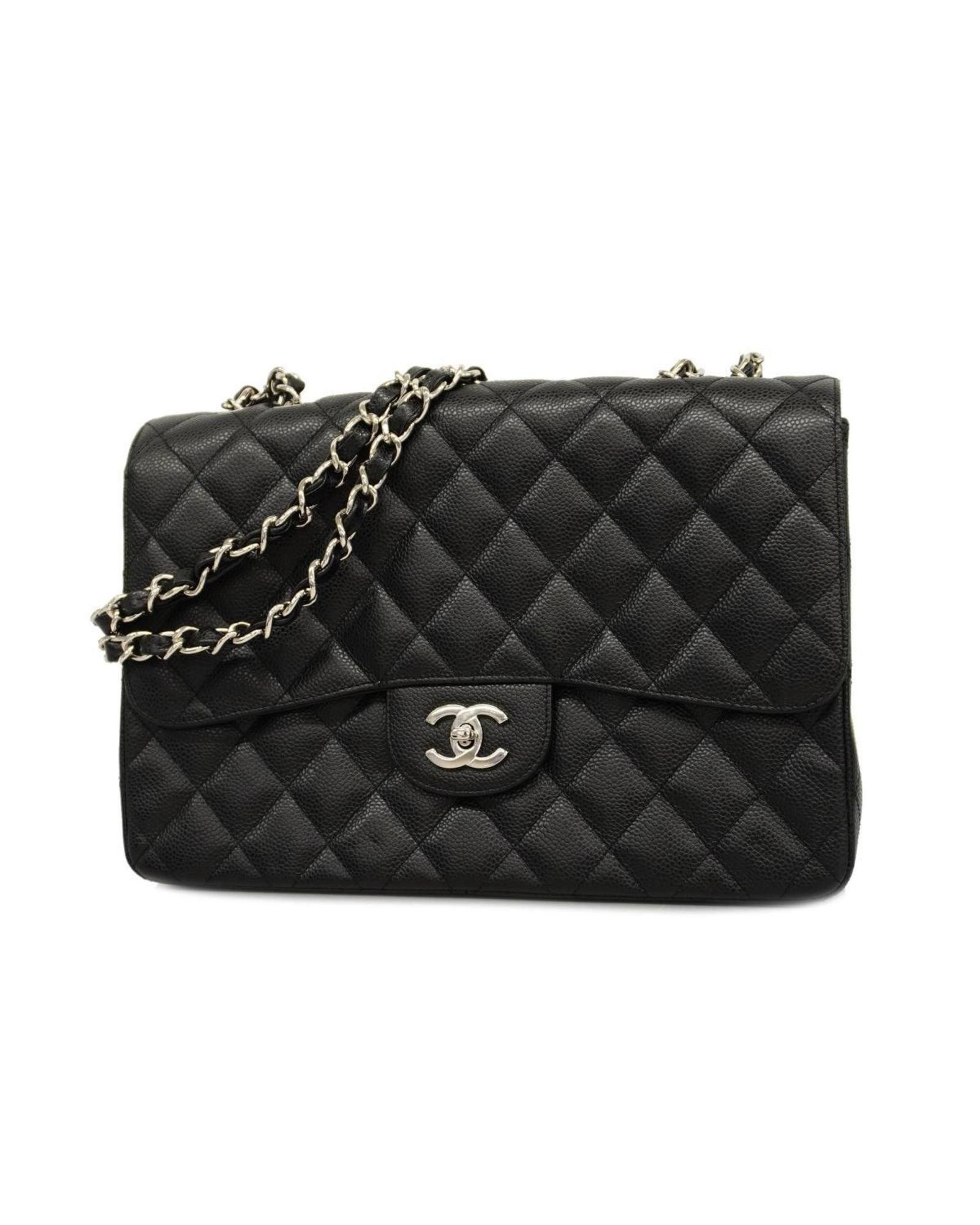 image of Chanel Luxurious Black Leather Shoulder Bag With Silver Accents, Women's