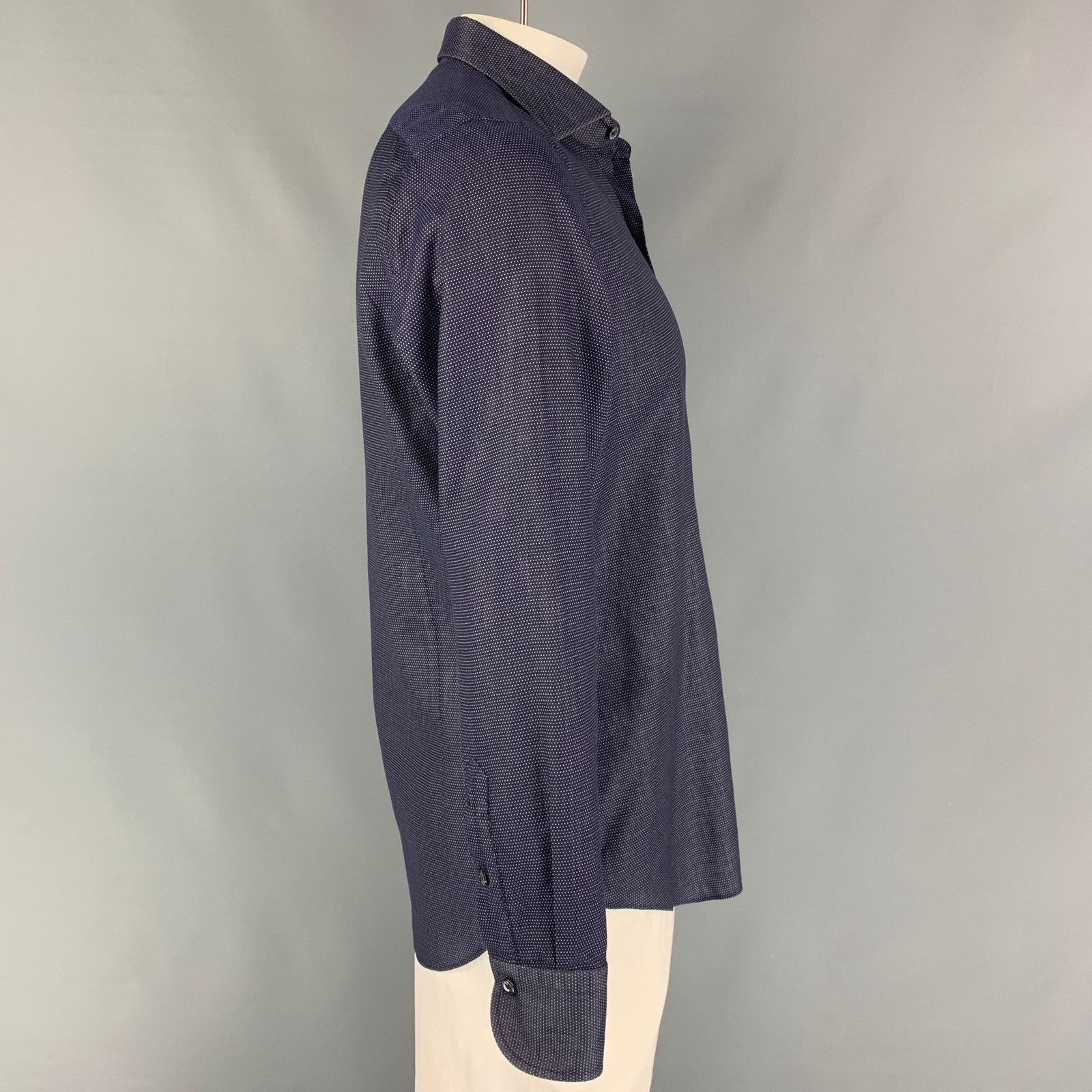 Finamore L Navy White Dots Cotton Button Up Long Sleeve Shirt Size US L / EU 52-54 / 3 - 2 Thumbnail
