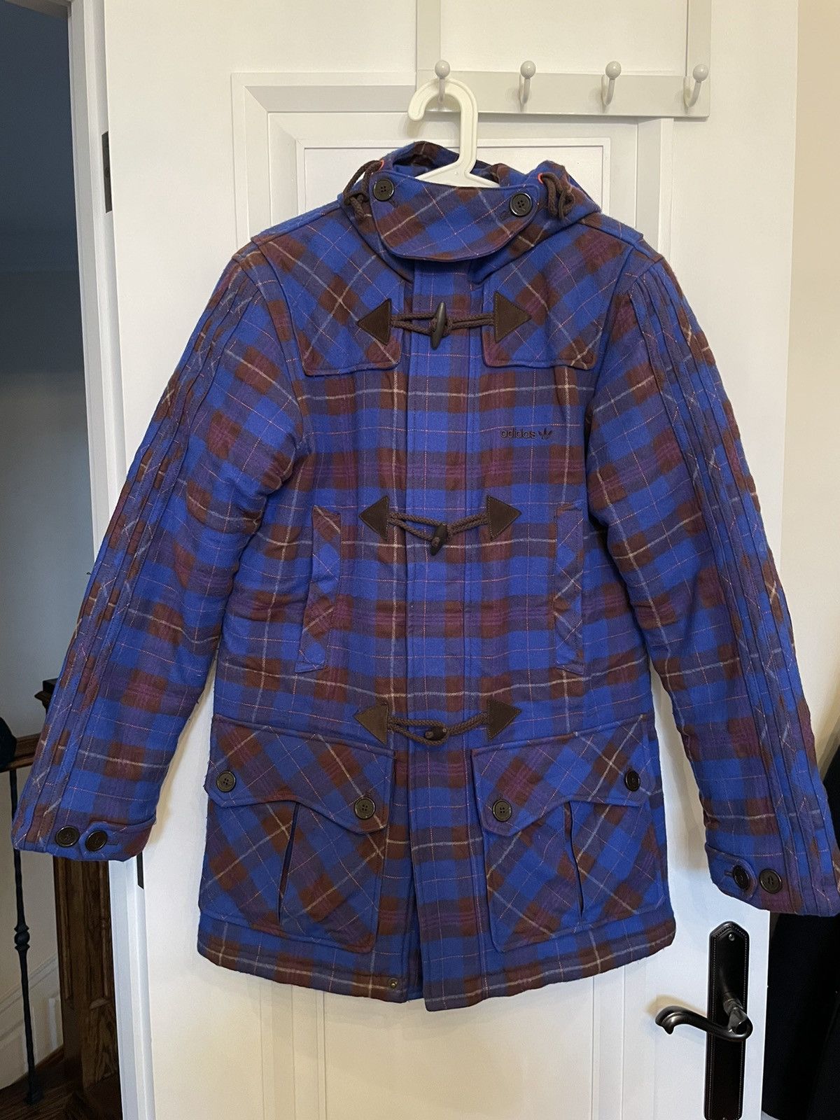 image of Adidas Original Plaid Horn Button Winter Coat in Blue, Men's (Size Small)