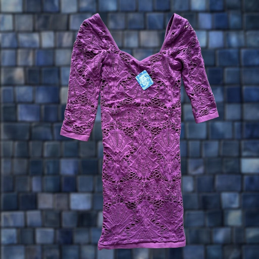 Free People VINTAGE Free People Bodycon Dress Shirt Womens XS/S Purple Lace Crochet Lined Short 3/4 Sleeve Sweetheart Neckline Bohemian Clubwear London 90s Size S / US 4 / IT 40 - 1 Thumbnail