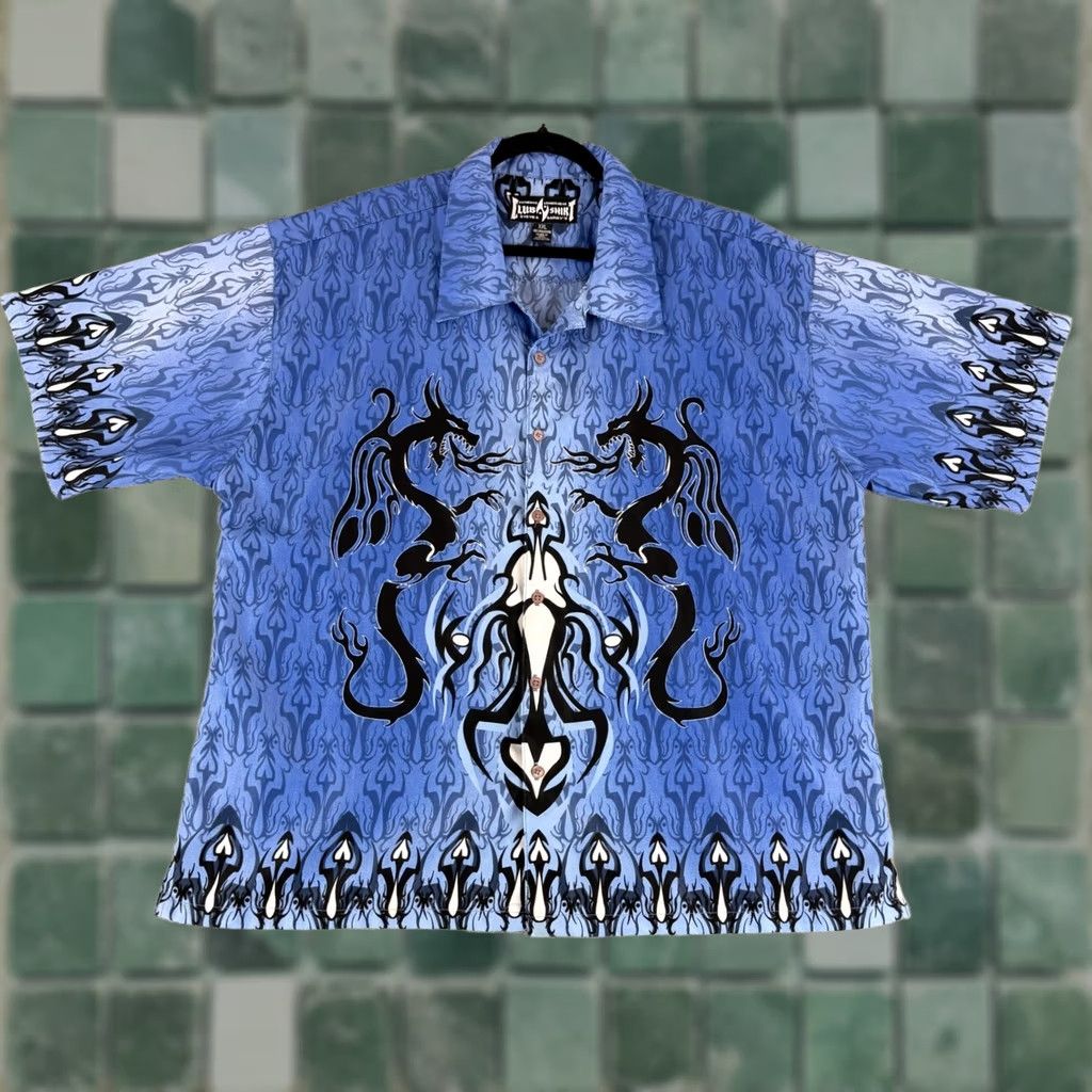 Vintage Steve & Barry's Club Shirt Mens 2XL Blue Dragon Tribal Flame Y2K Button Up Short Sleeve Graphic Print Casual Shirt Mens Size US XXL / EU 58 / 5 - 1 Thumbnail