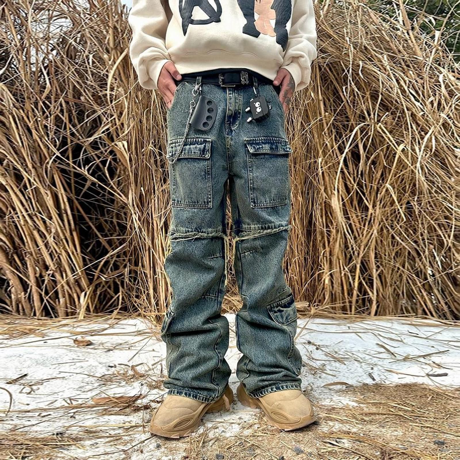 Jean × Vintage Distressed Workwear Jeans – Multi-Pocket, Flared Fit Size US 33 - 2 Thumbnail