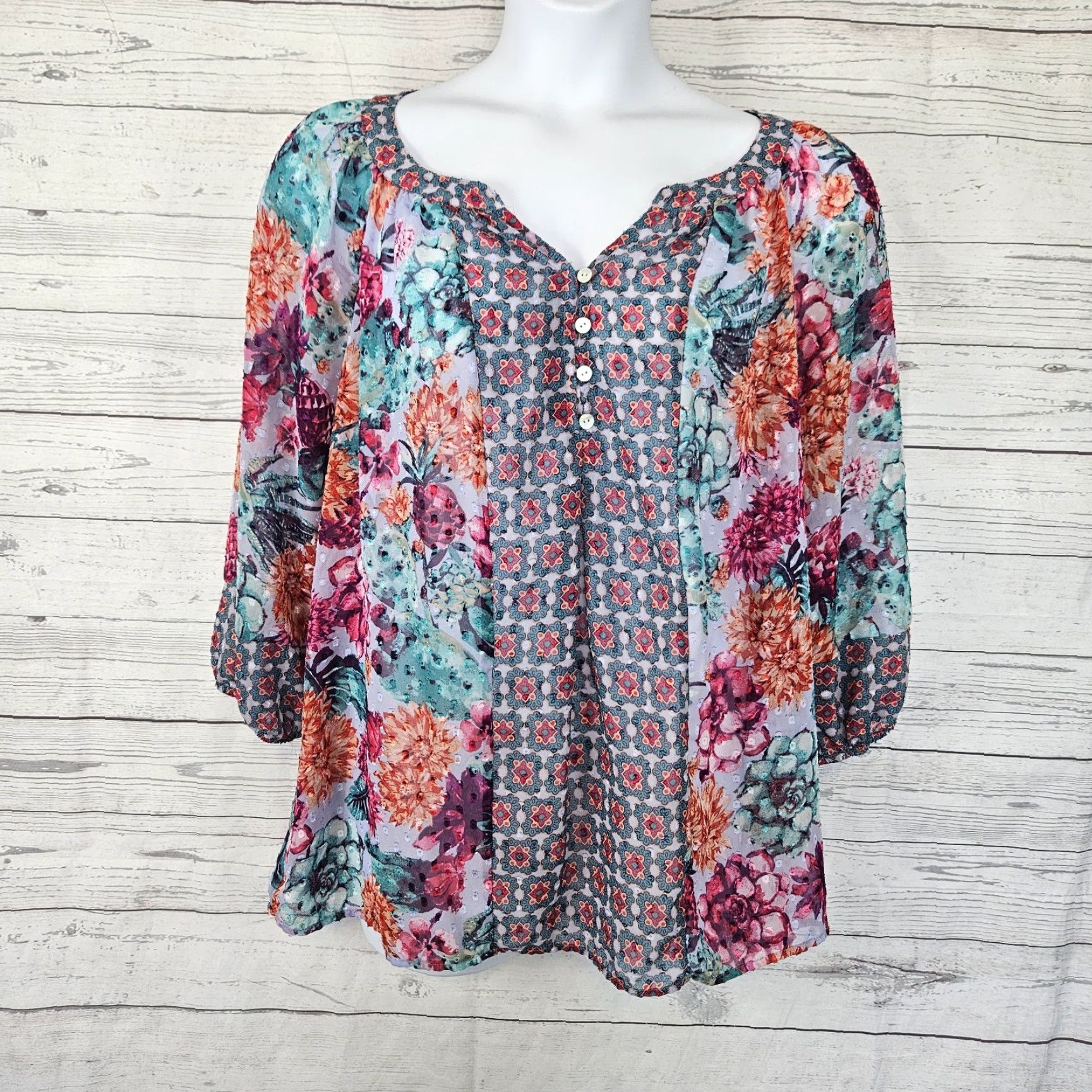 Pinko Fig & Flower Women Top 2X Pink Teal Floral 3/4 Sleeve Sheer Blouse Shirt Womens Plus Size Size XXL / US 16-18 / IT 52-54 - 2 Thumbnail