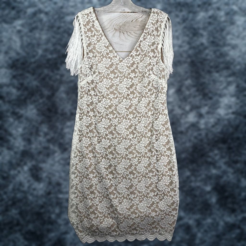 Vintage Connected Dress 14 White Lace Sheath Fringe Wedding Party Cruise Event Stretch Dress Women Size XL / US 12-14 / IT 48-50 - 1 Thumbnail