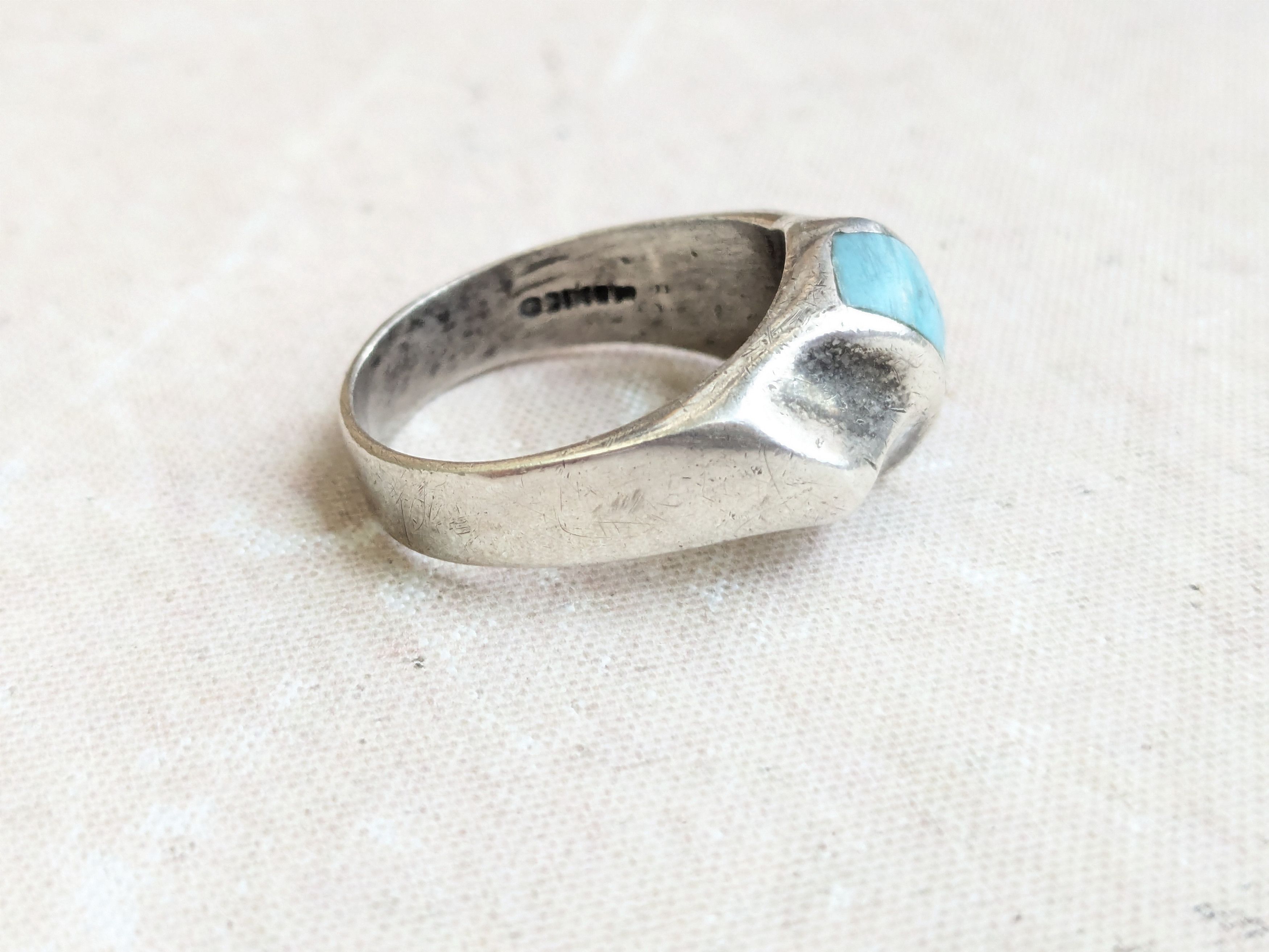 Sterling Silver Vintage Sterling Silver Ring Turquoise Taxco Inlay 12 Size ONE SIZE - 5 Thumbnail