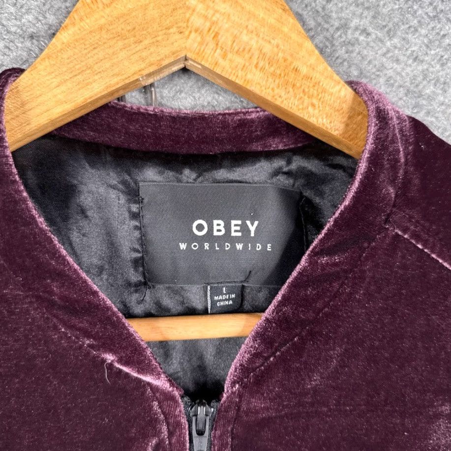 OBEY WORLDWIDE JACKET WOMENS LARGE L PURPLE EMBROIDERED TIGER SATIN FULL ZIP