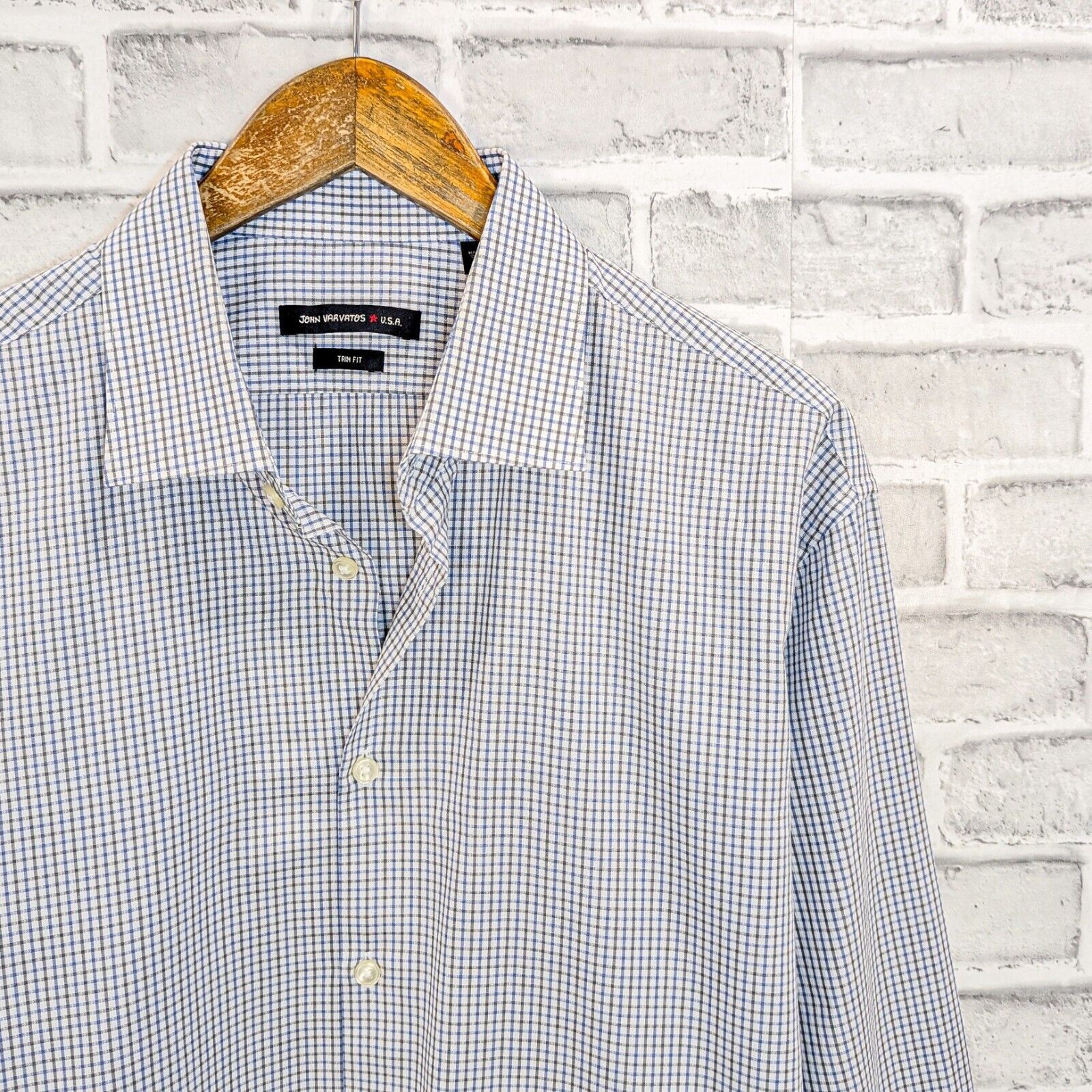 John Varvatos John Varvatos Trim Fit Button up Dress Shirt Gray Blue grid Size US XL / EU 56 / 4 - 4 Thumbnail