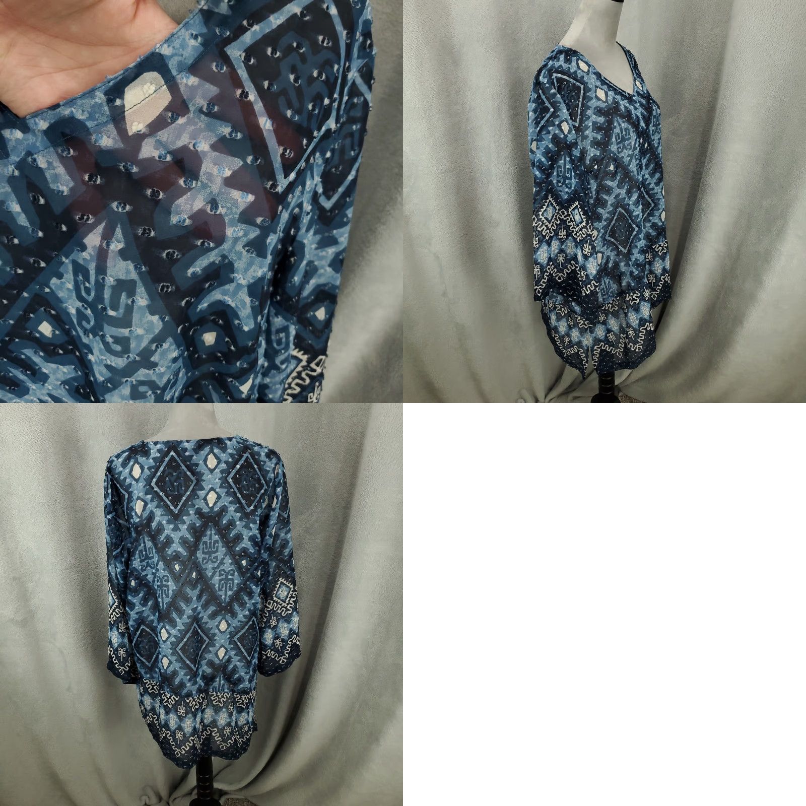 Vintage Multiples Blouse Womens XL Blue Geometric Asymmetric Hem Bell Sleeve Sheer Tunic Size XL / US 12-14 / IT 48-50 - 8 Thumbnail