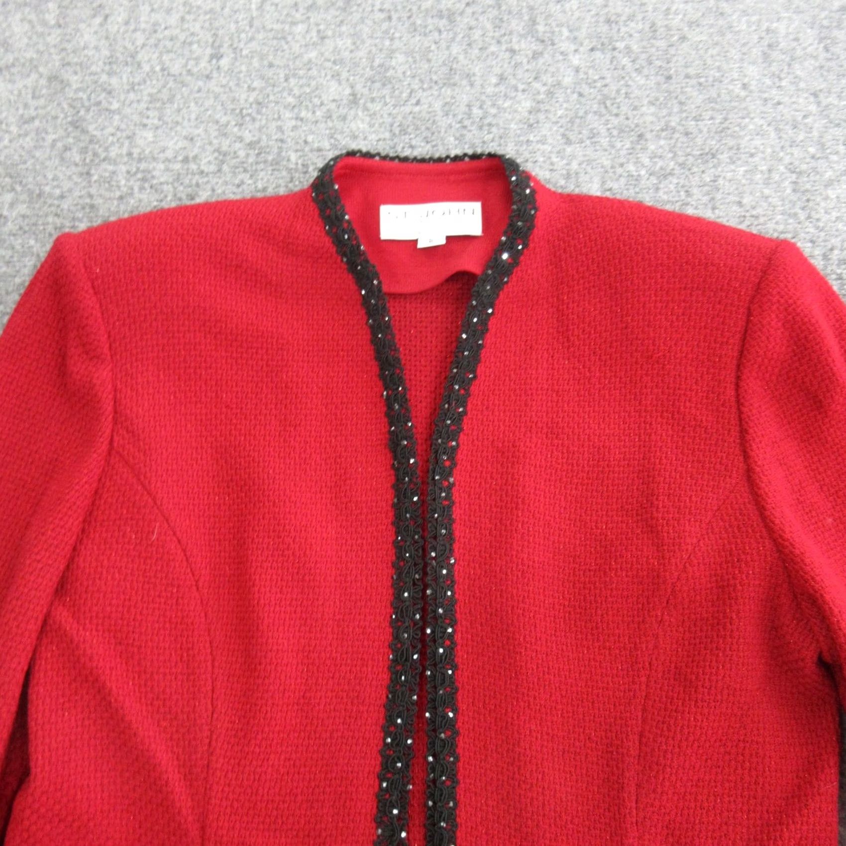 St. John St John Evening Blazer Womens 8 Red Knit Beaded Trim Open Front Wool Jacket Blazer Size M / US 6-8 / IT 42-44 - 2 Thumbnail