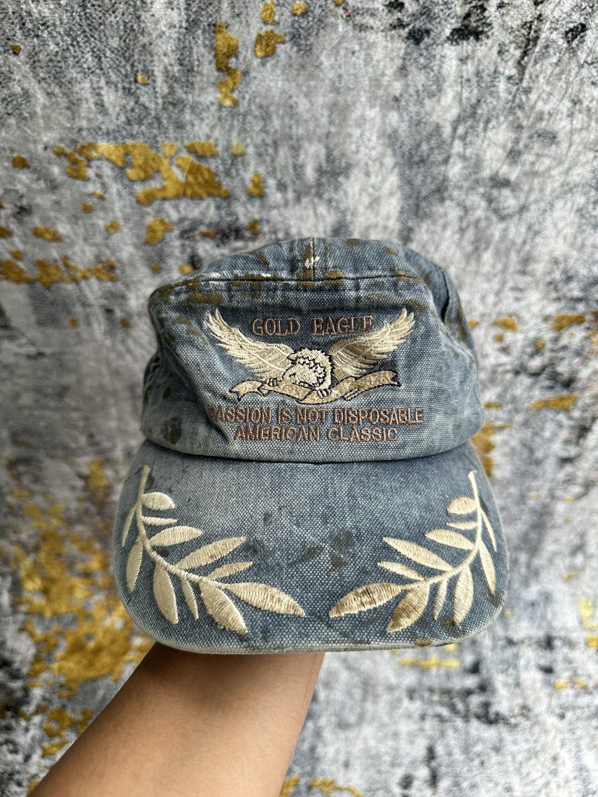Le Grande Bleu (L.G.B.) 💸BINDING OFFER💸 VINTAGE GOLD EAGLE TRASHED TRASHED DENIM HAT Size ONE SIZE - 1 Thumbnail