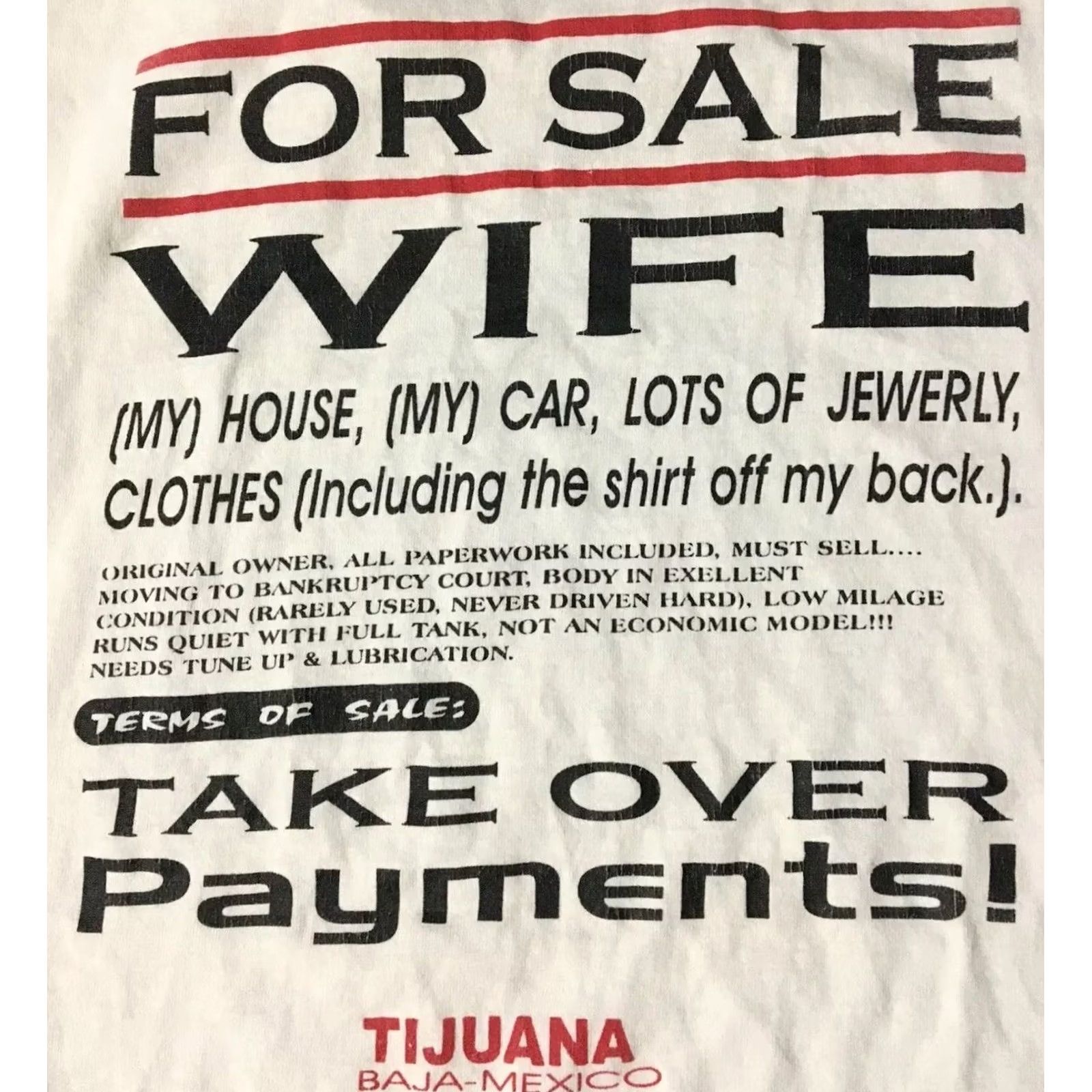Delta VINTAGE 90s Wife For Sale Tijuana Mexico Shirt XL White Graphic Tee Mens Size US XL / EU 56 / 4 - 3 Thumbnail