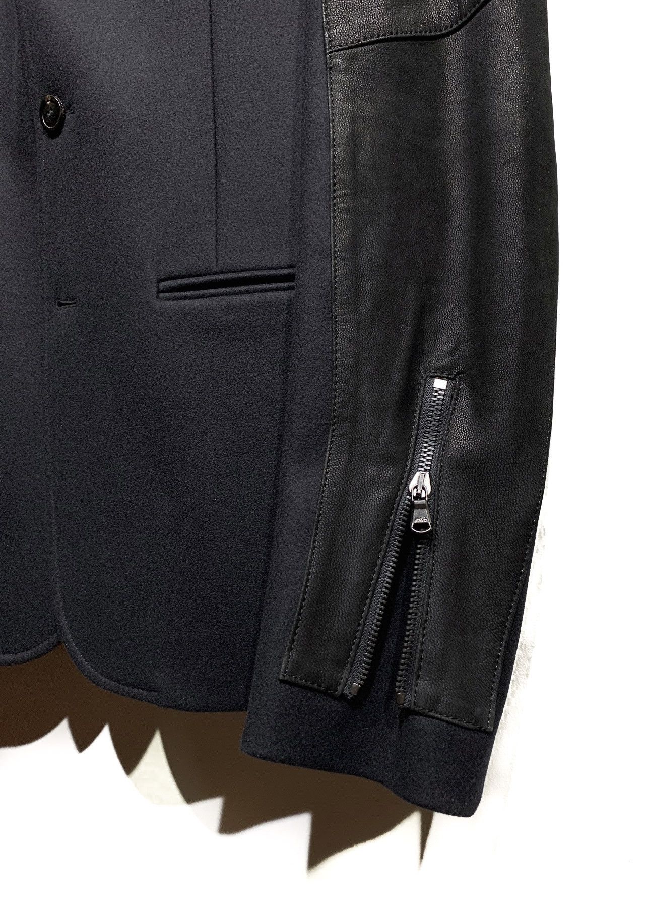 Wooyoungmi Wooyoungmi Navy Wool Blazer Jacket Black Leather Sleeves Size 38R - 5 Thumbnail