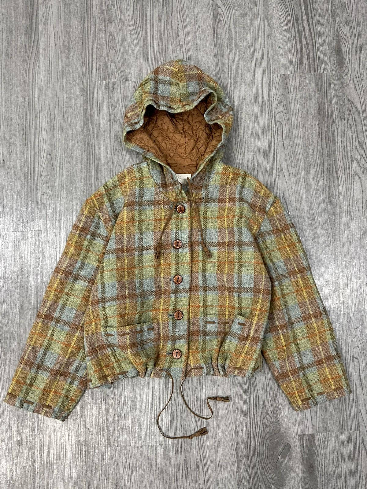 Japanese Brand × Vintage Vintage KETTY wool Plaid Leather Rope cropped Jacket Size M / US 6-8 / IT 42-44 - 1 Thumbnail