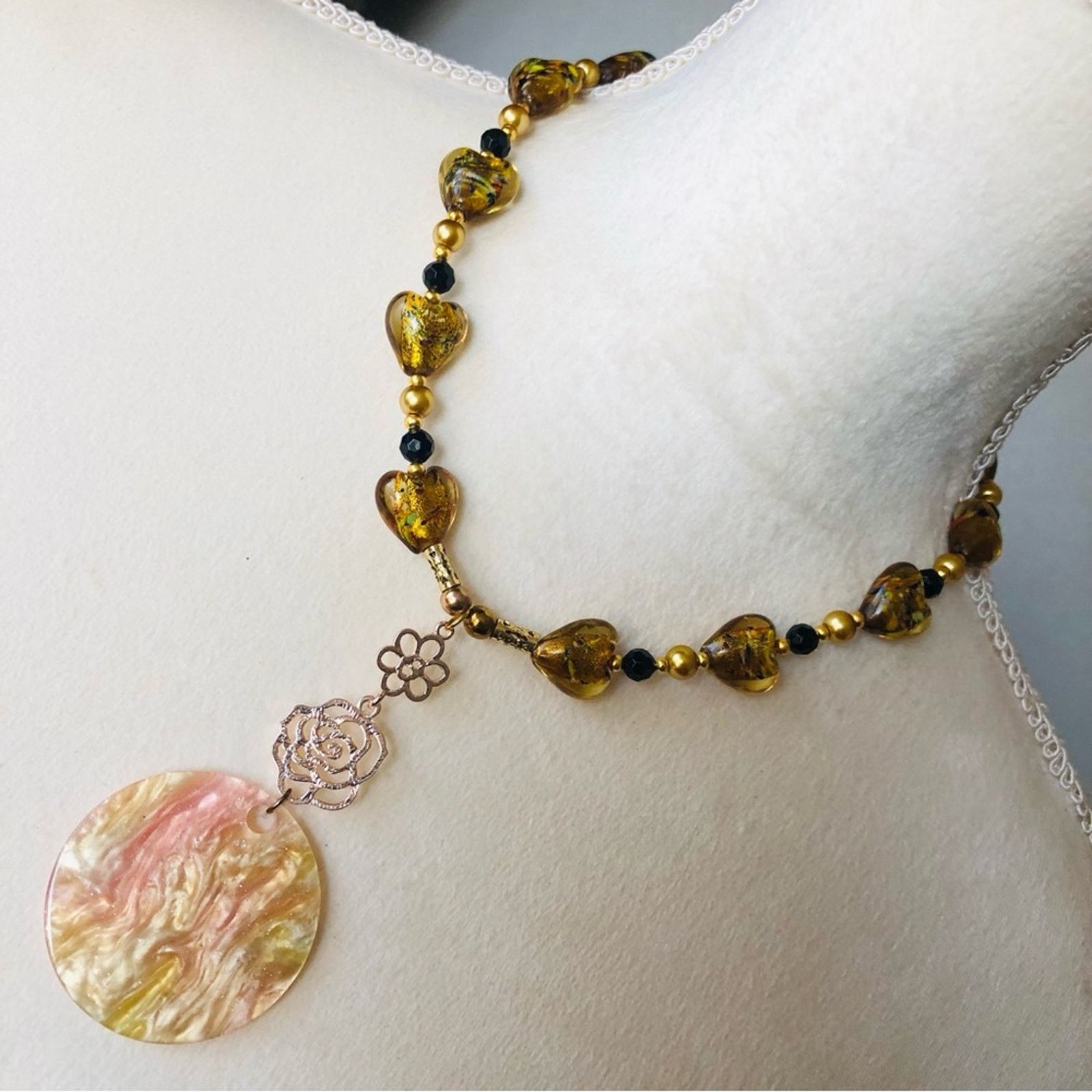 Handmade Handcrafted repurpose sparkle medallion drop Pearl necklace Size ONE SIZE - 1 Thumbnail