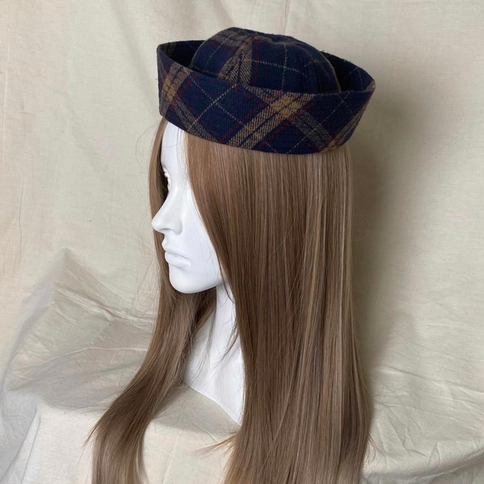 Japanese Brand Retro Wool Blend Navy Plaid Beret Sailor Hat Y2K French Girl Size ONE SIZE - 3 Thumbnail