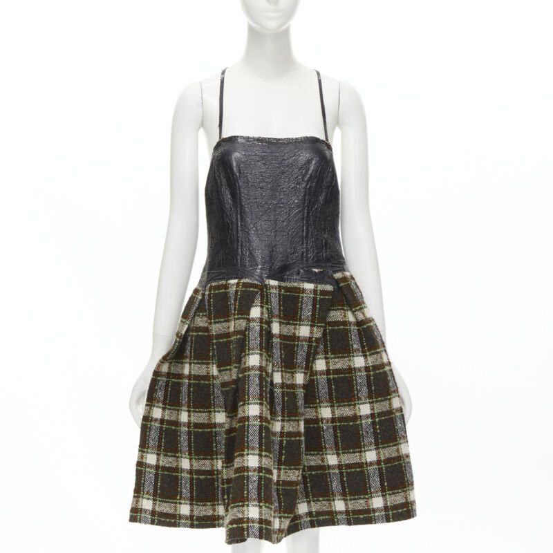 Junya Watanabe JUNYA WATANABE 2005 black lacquered bust green tweed flared cocktail dress M Size M / US 6-8 / IT 42-44 - 1 Thumbnail