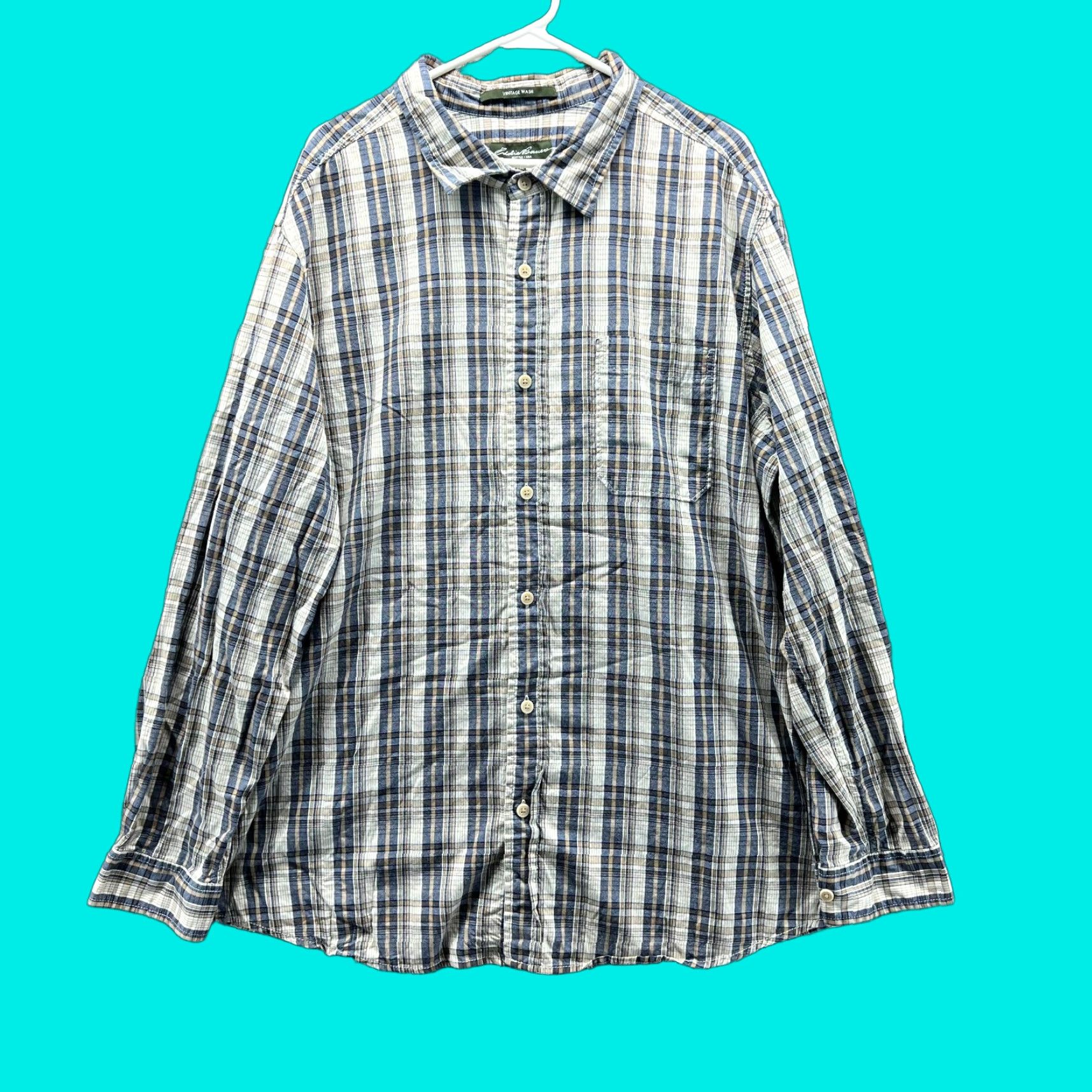 Eddie Bauer VINTAGE Eddie Bauer Shirt Men 2XL Button-Down Plaid Blue Beige Col l ar-S sade? Size 48R - 1 Thumbnail