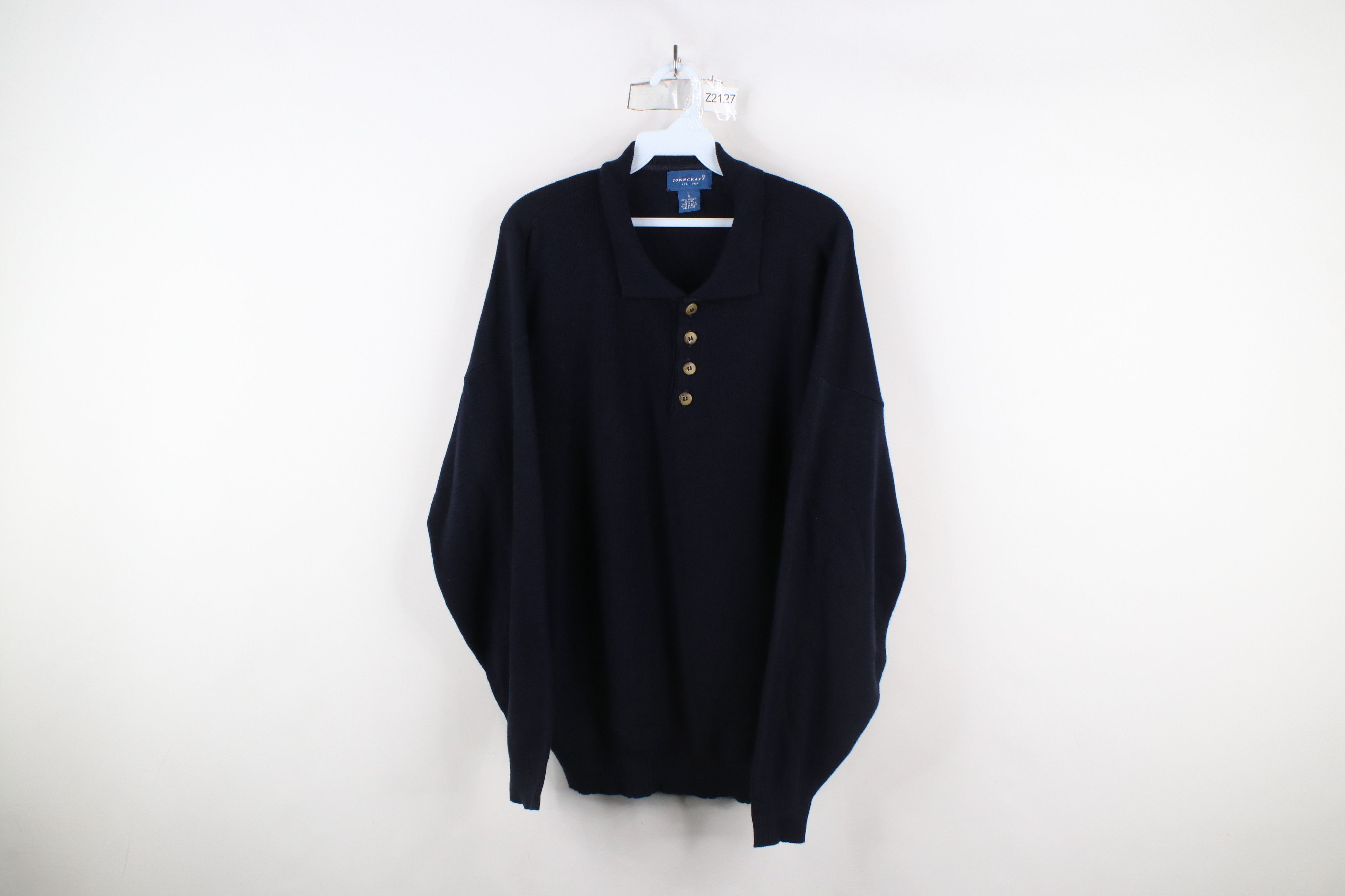 Vintage Vintage 90s Streetwear Collared Henley Sweater Navy Blue Size US L / EU 52-54 / 3 - 1 Thumbnail