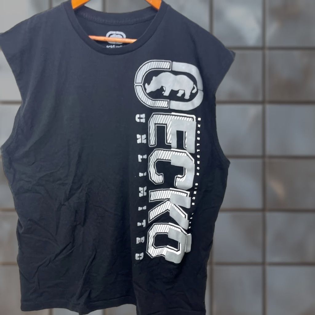 VINTAGE Ecko Unltd. Shirt 2XL Men Black Cotton Knit Logo Crew Neck Sleeveless T-Shirt Summer 2000s BeEr Theme