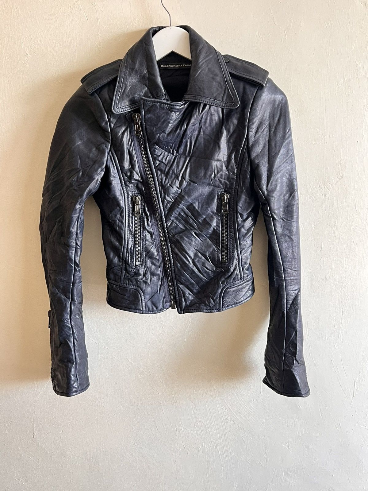 Balenciaga BALENCIAGA NAVY_BLUE MOTO LEATHER JACKET Size XXS / US 00 / IT 34 - 2 Thumbnail