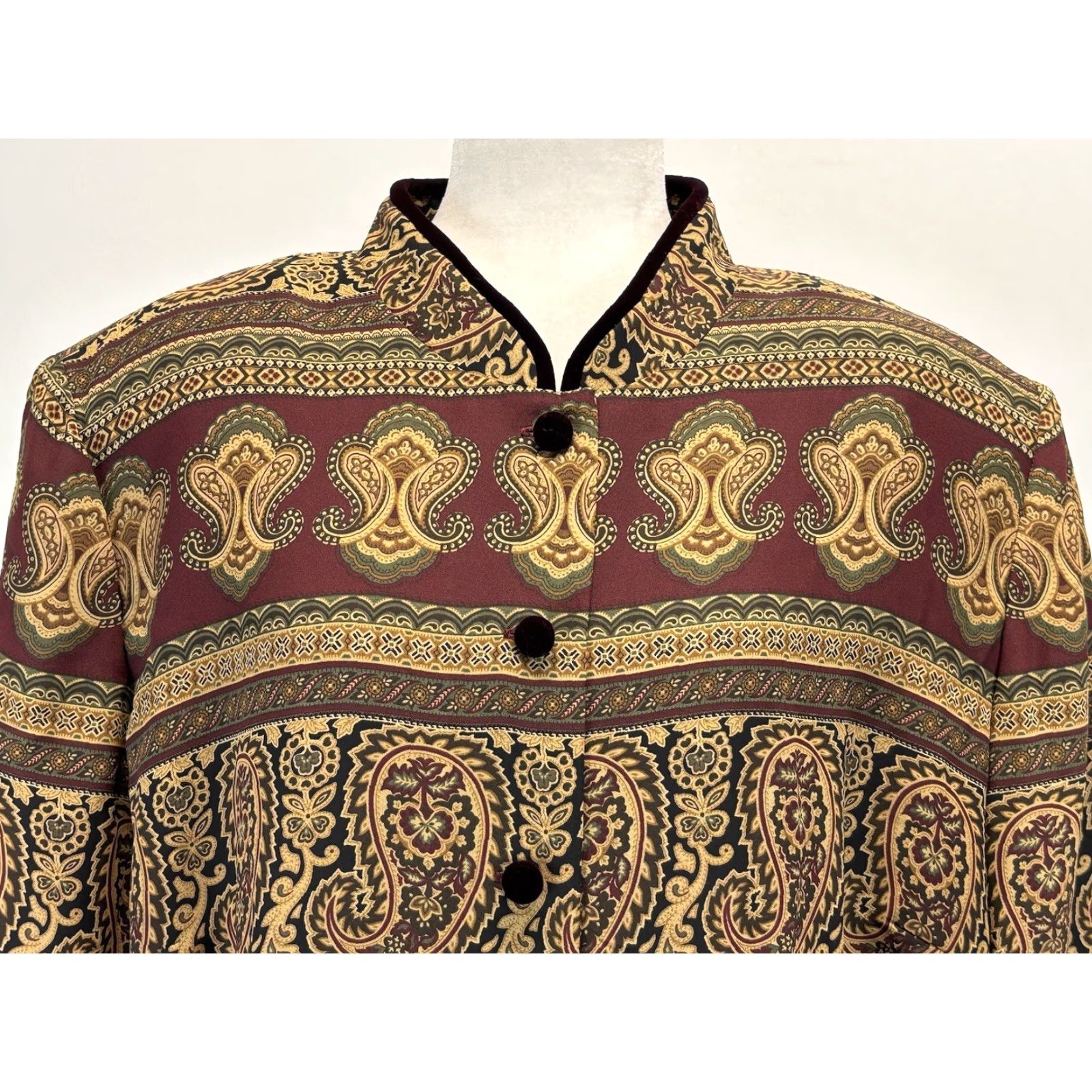 MAGGY LONDON Vtg Maggy London Maxi Dress Sz 24 Plus Paisley Full Button Velvet Trim Lined Size 4XL / US 24-26 - 5 Thumbnail