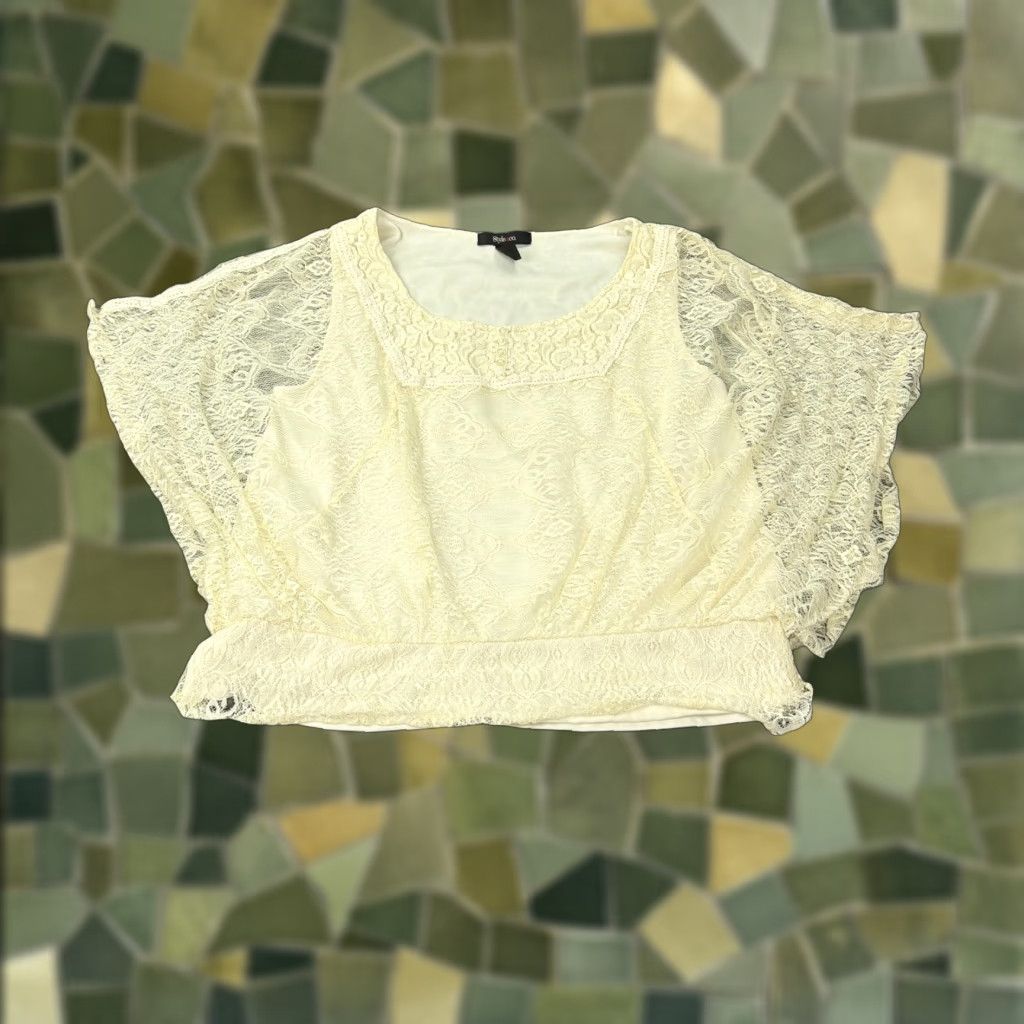 Style & Co VINTAGE Style & Co Shirt Womens Large Cream Lace Batwing Dolman Sheer Lined Blouse Size L / US 10 / IT 46 - 1 Thumbnail