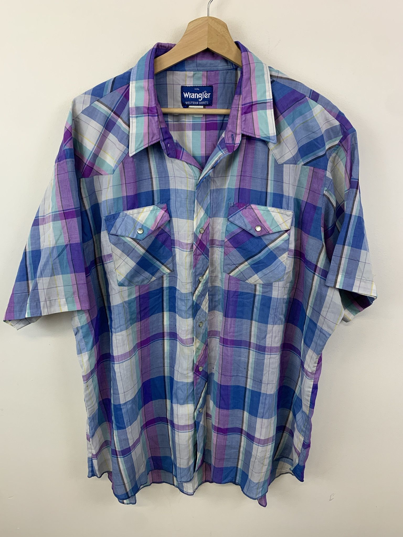 Flannel × Vintage Vintage 1980s Wrangler Pastel Check Pearl Snap Western Shirt Cowboy Shirt Siez XXL Size US XXL / EU 58 / 5 - 1 Thumbnail
