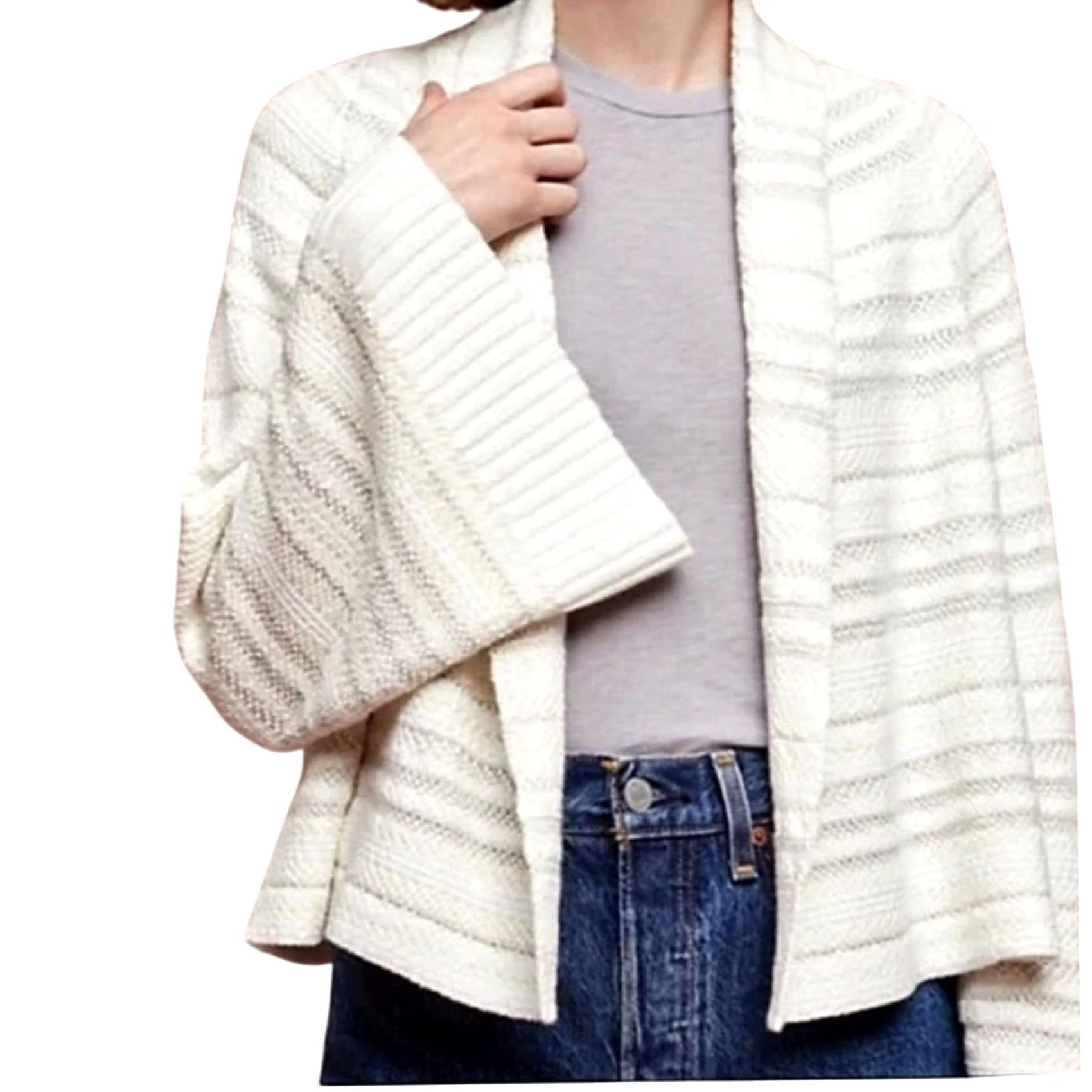 Anthropologie VINTAGE Anthropologie Moth Cream Striped Open Front Cropped Cardigan Sweater Bell Sleeve XS Women Size XS / US 0-2 / IT 36-38 - 2 Thumbnail