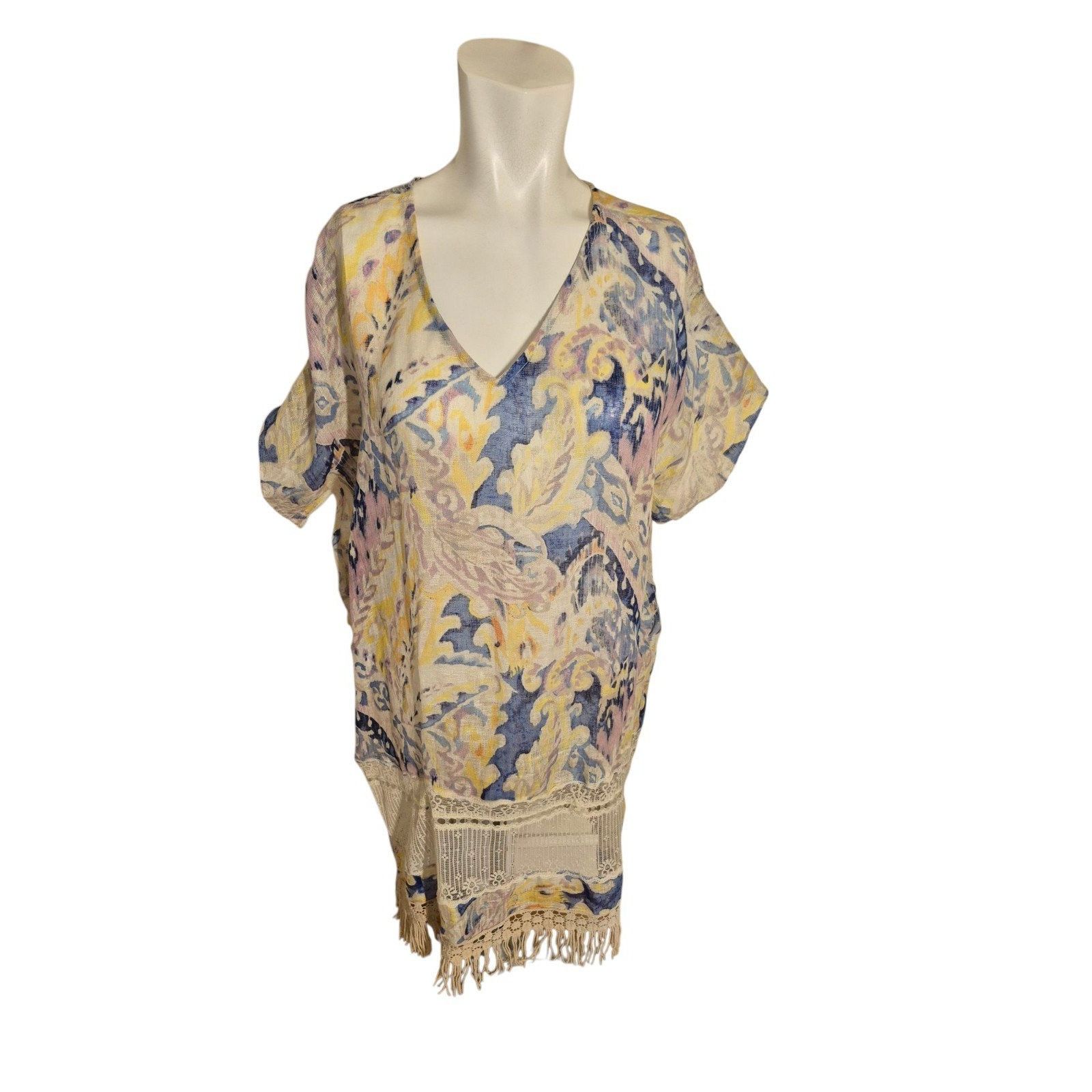 Chicos Chico's Linen Swim Cover Boho Tunic Top Dress Watercolor Fri Size M / US 6-8 / IT 42-44 - 1 Thumbnail