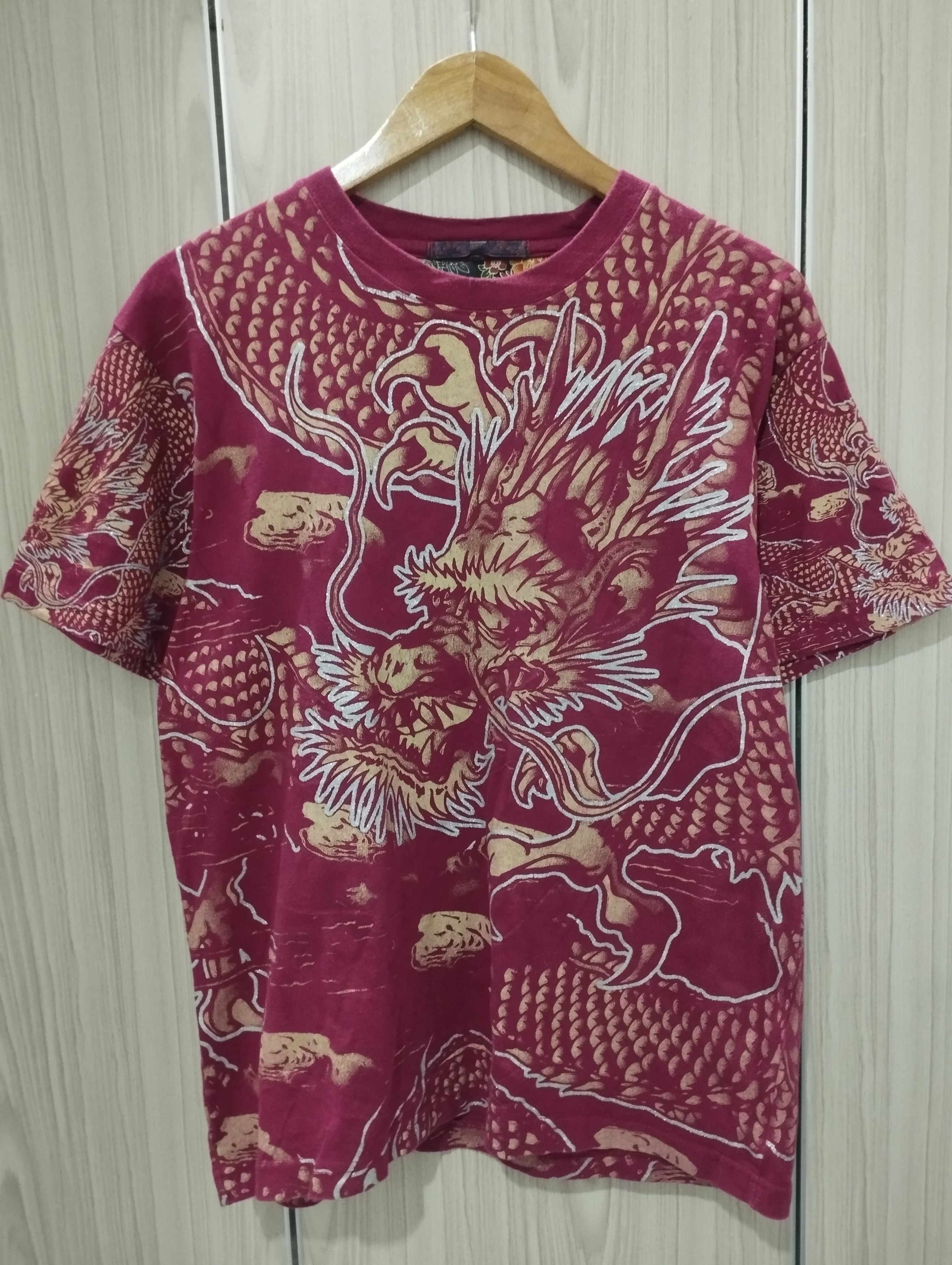 image of Movie x Sukajan T Shirts Vintage Dragon Sukajan Style Japanese Yakuza Over Print Tee in Maroon (Siz