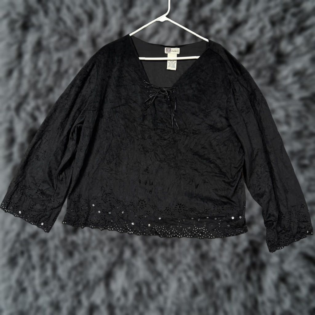 Faded Glory VINTAGE Faded Glory Blouse Womens Plus 26W/28W Black Lace Up Eyelet Trim Embroidered Sequin Boho Gothic Size 4XL / US 24-26 - 1 Thumbnail