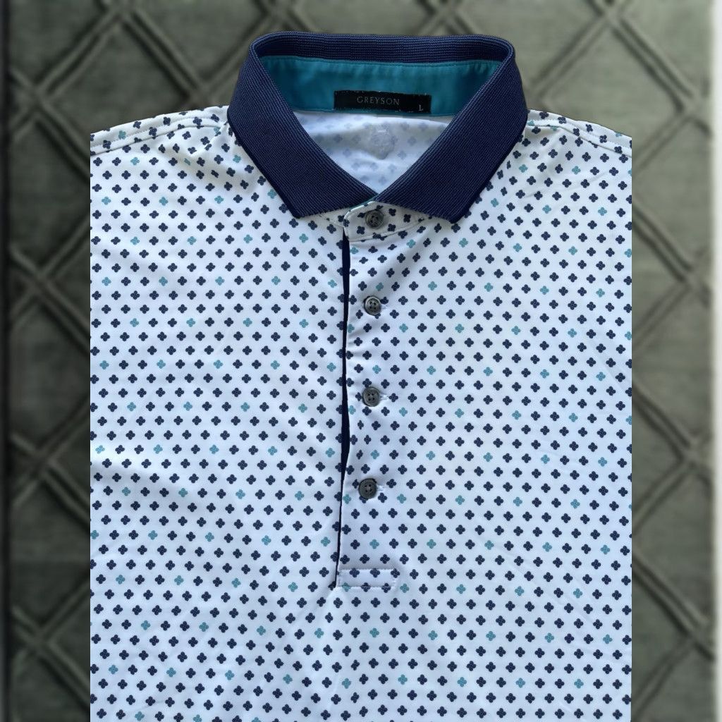 Greyson Men’s L Old English Floral Golf Shirt Polo Arctic White Excellent